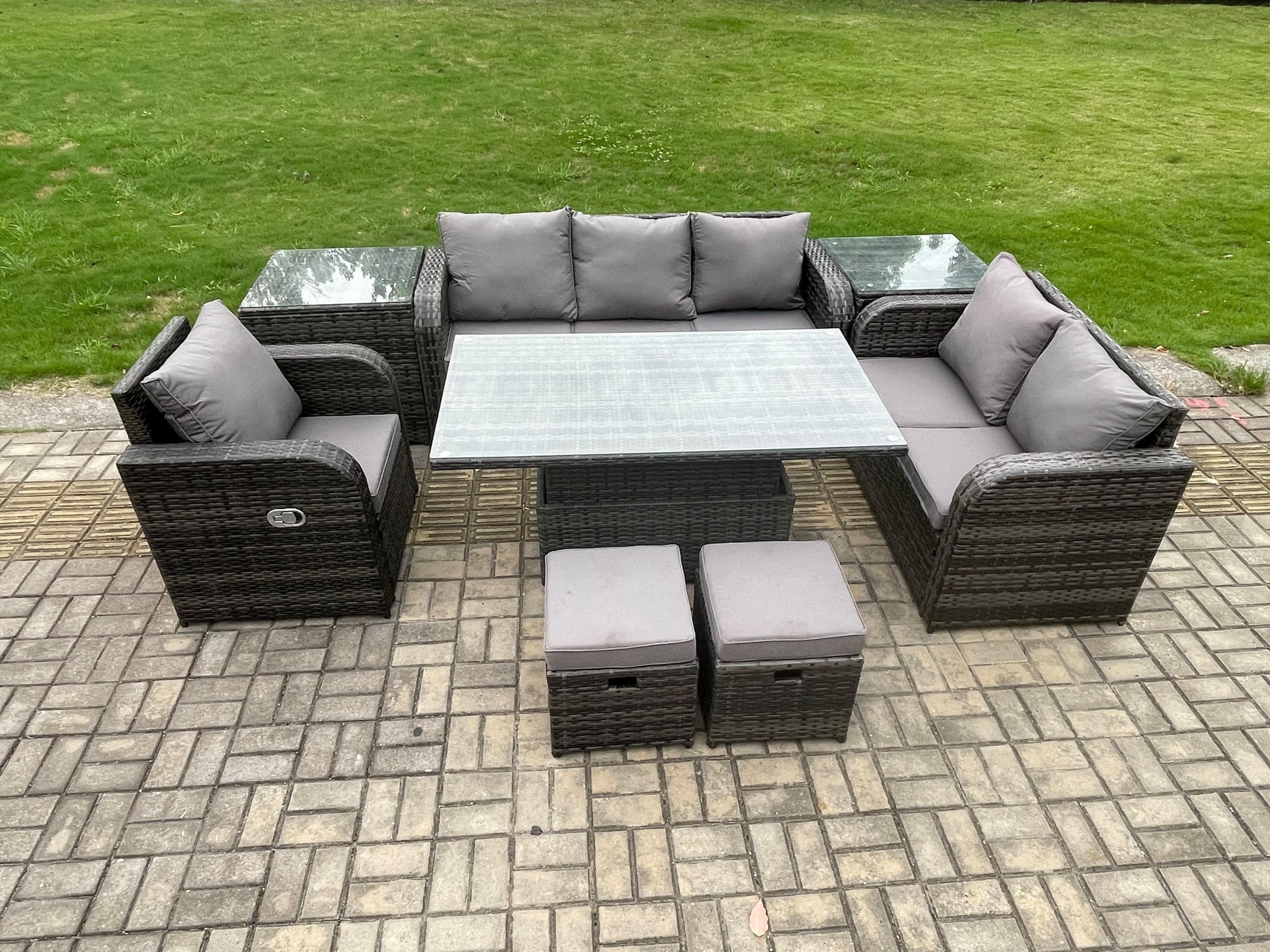 Rattan Outdoor Furniture Garden Dining Set Patio Height Adjustable Rising lifting Table Reclining Chair Sofa 2 Small Footstools