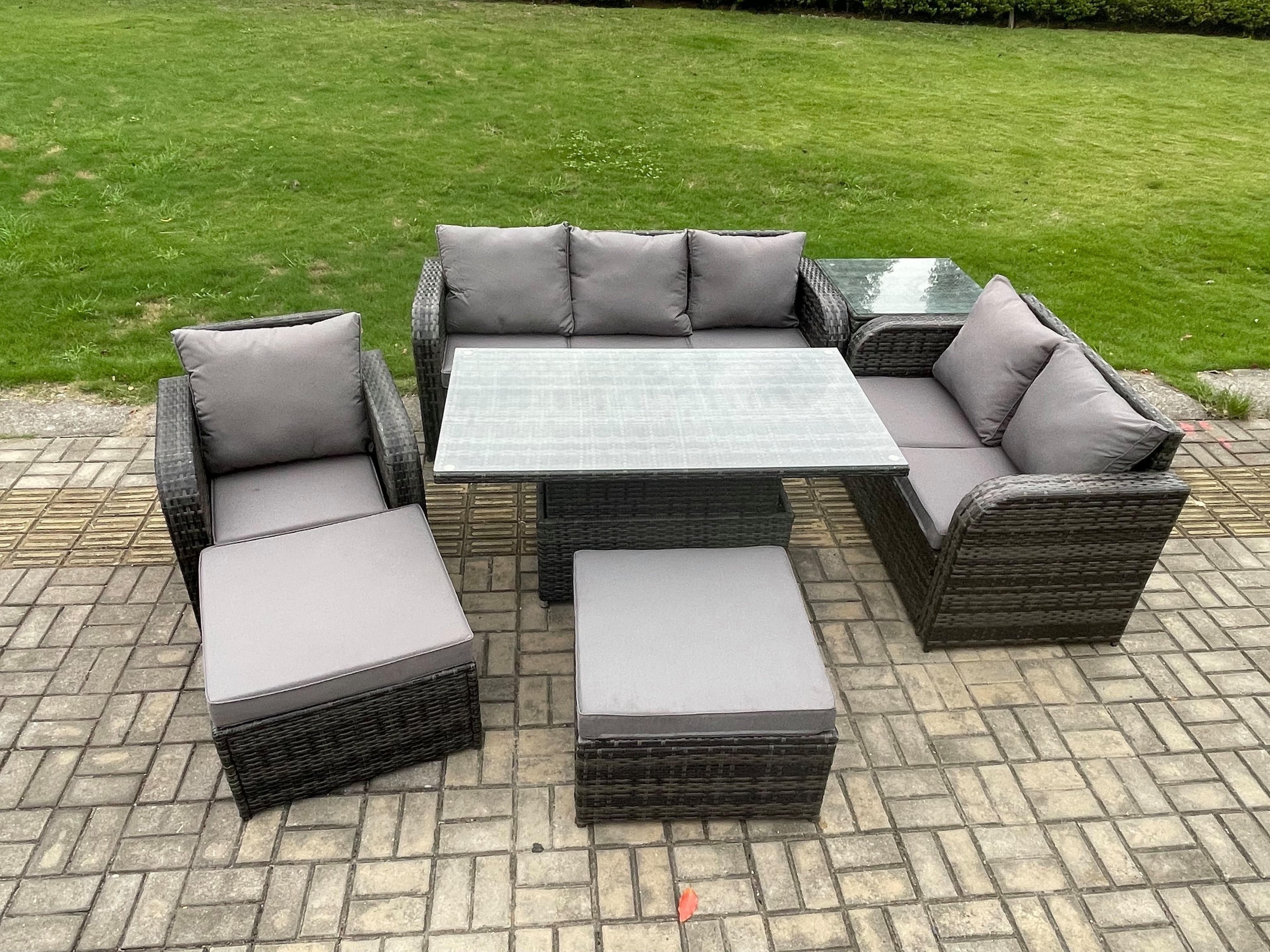 Rattan Outdoor Furniture Garden Dining Set Patio Height Adjustable Rising lifting Table Reclining Chair Sofa 2 Big Footstool