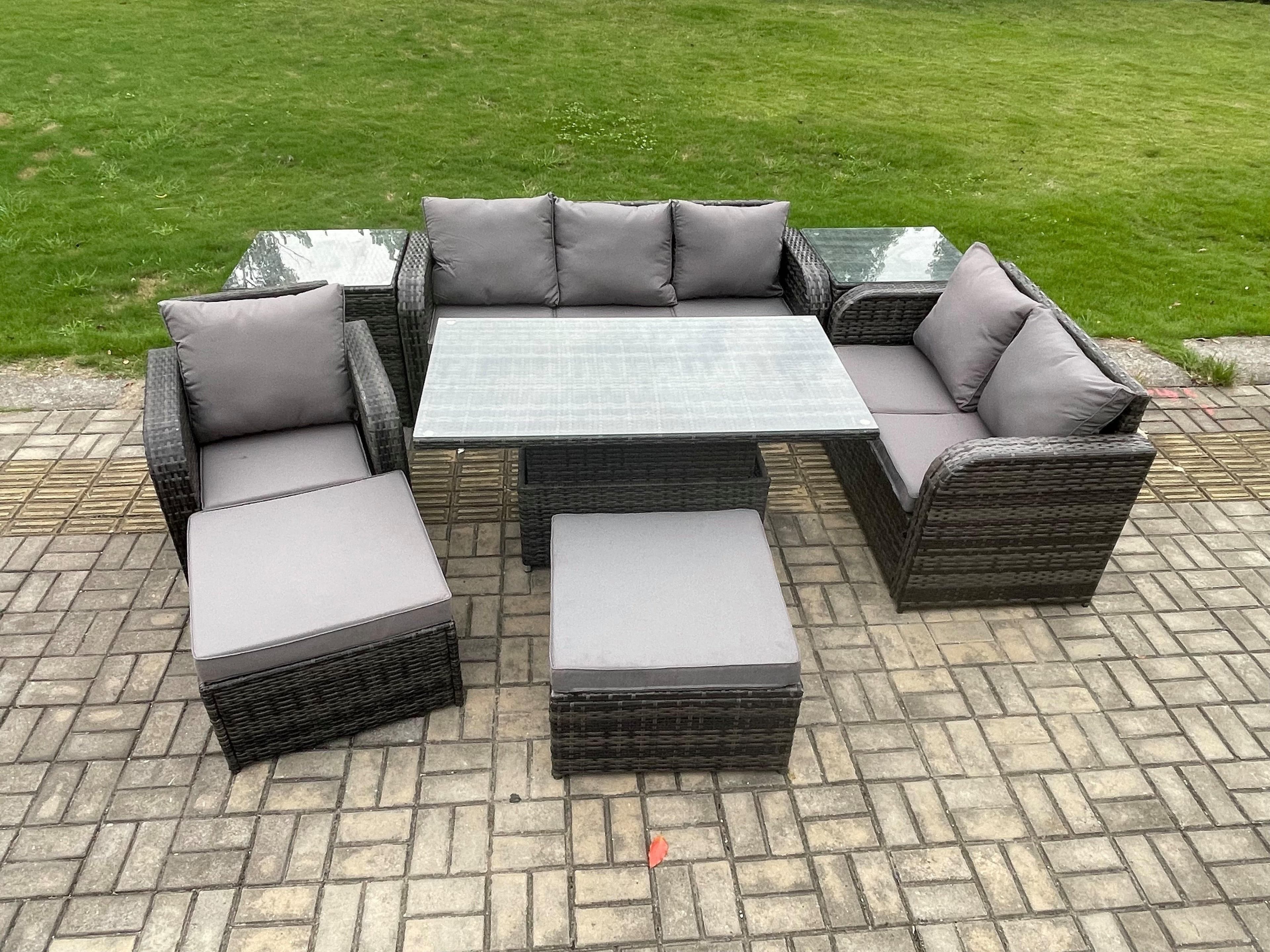 8 Seater Outdoor Rattan Garden Furniture Set Height Adjustable Rising lifting Dining Table Love Sofa Chair 2 Side Tables Big Footstool