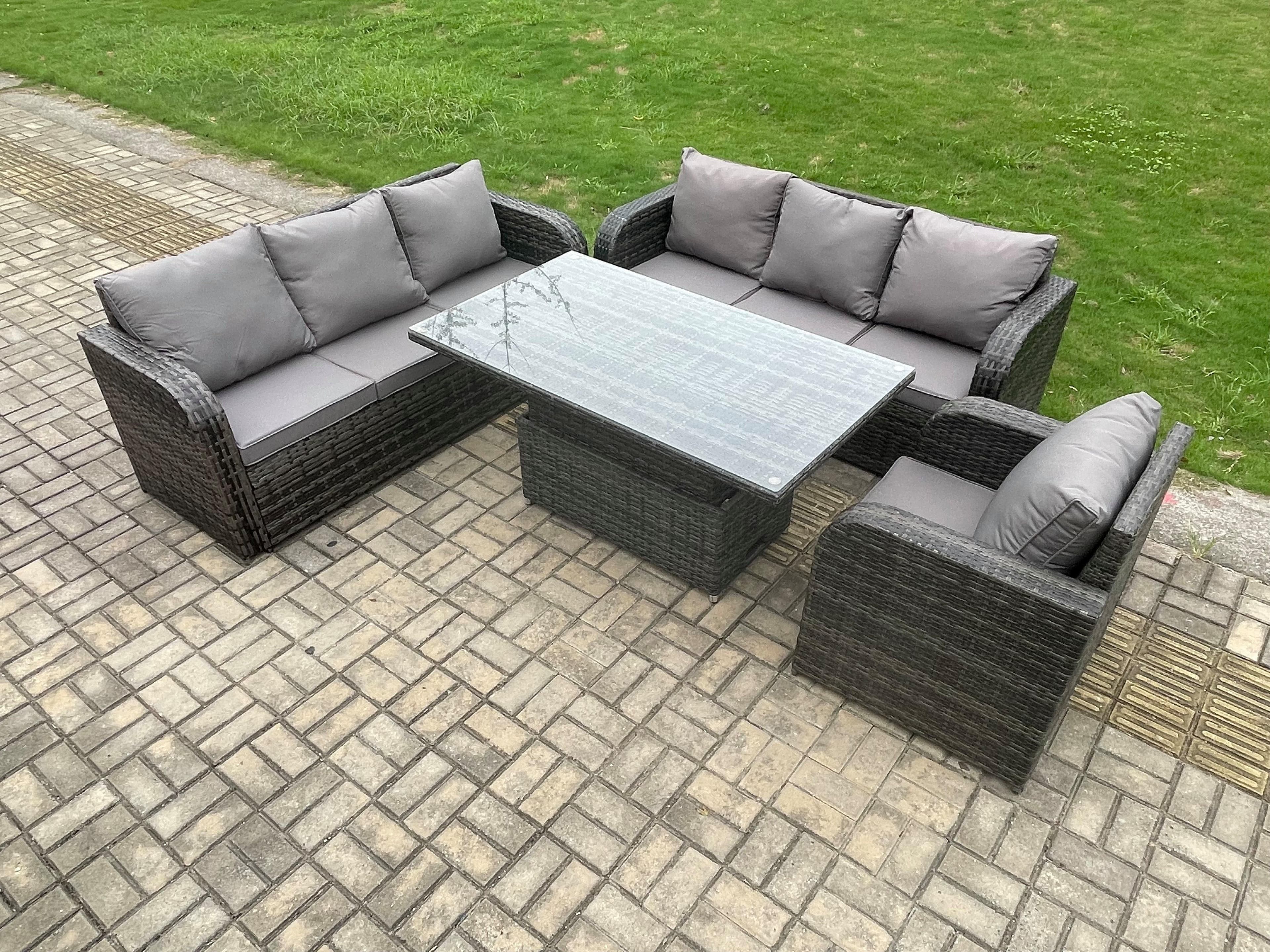7 Seater Outdoor Rattan Garden Furniture Sets Height Adjustable Rising lifting Dining Table Sofa Set Reclining Chair