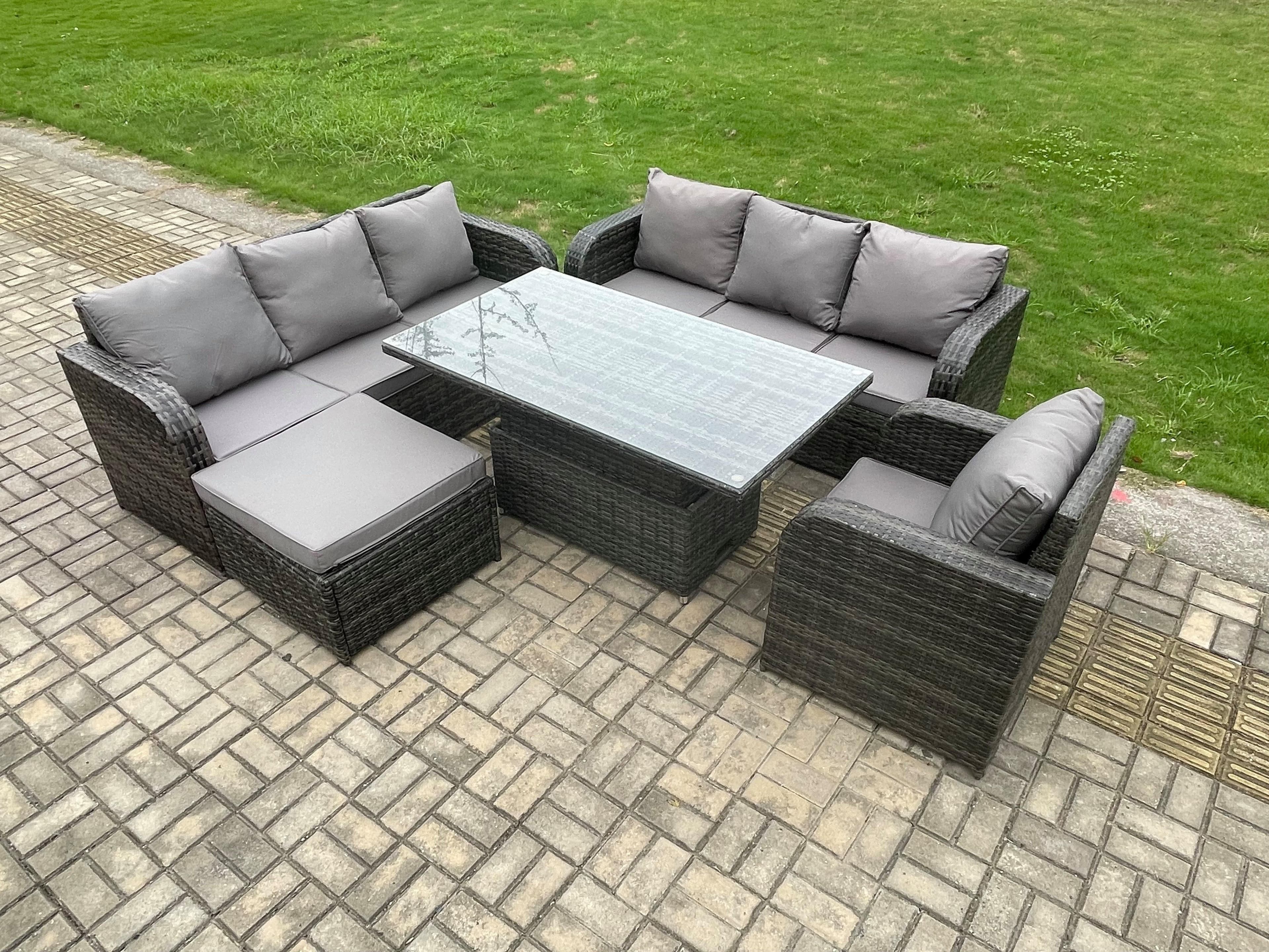 8 Seater Outdoor Rattan Garden Furniture Sets Height Adjustable Rising lifting Dining Table Sofa Set Reclining Chair Big Footstool