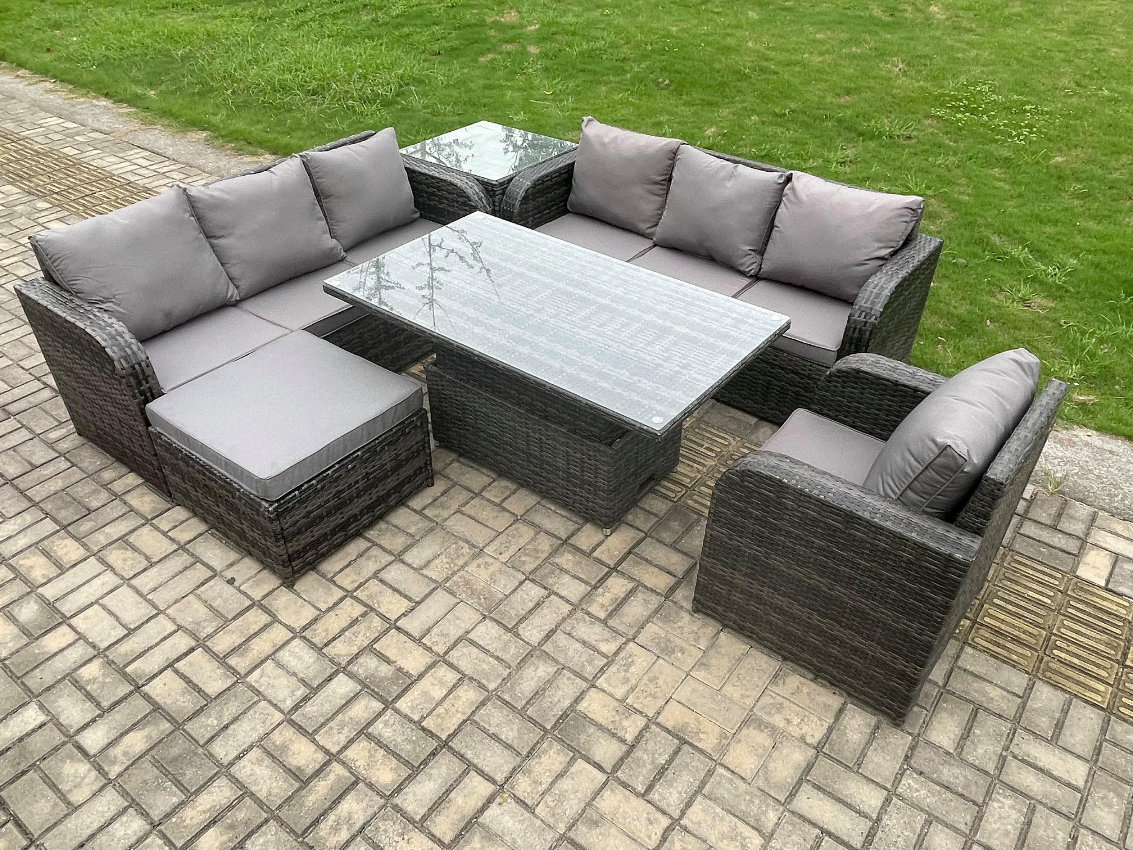 Outdoor Rattan Garden Furniture Sets Height Adjustable Rising lifting Dining Table Sofa Set Reclining Chair Big Footstool