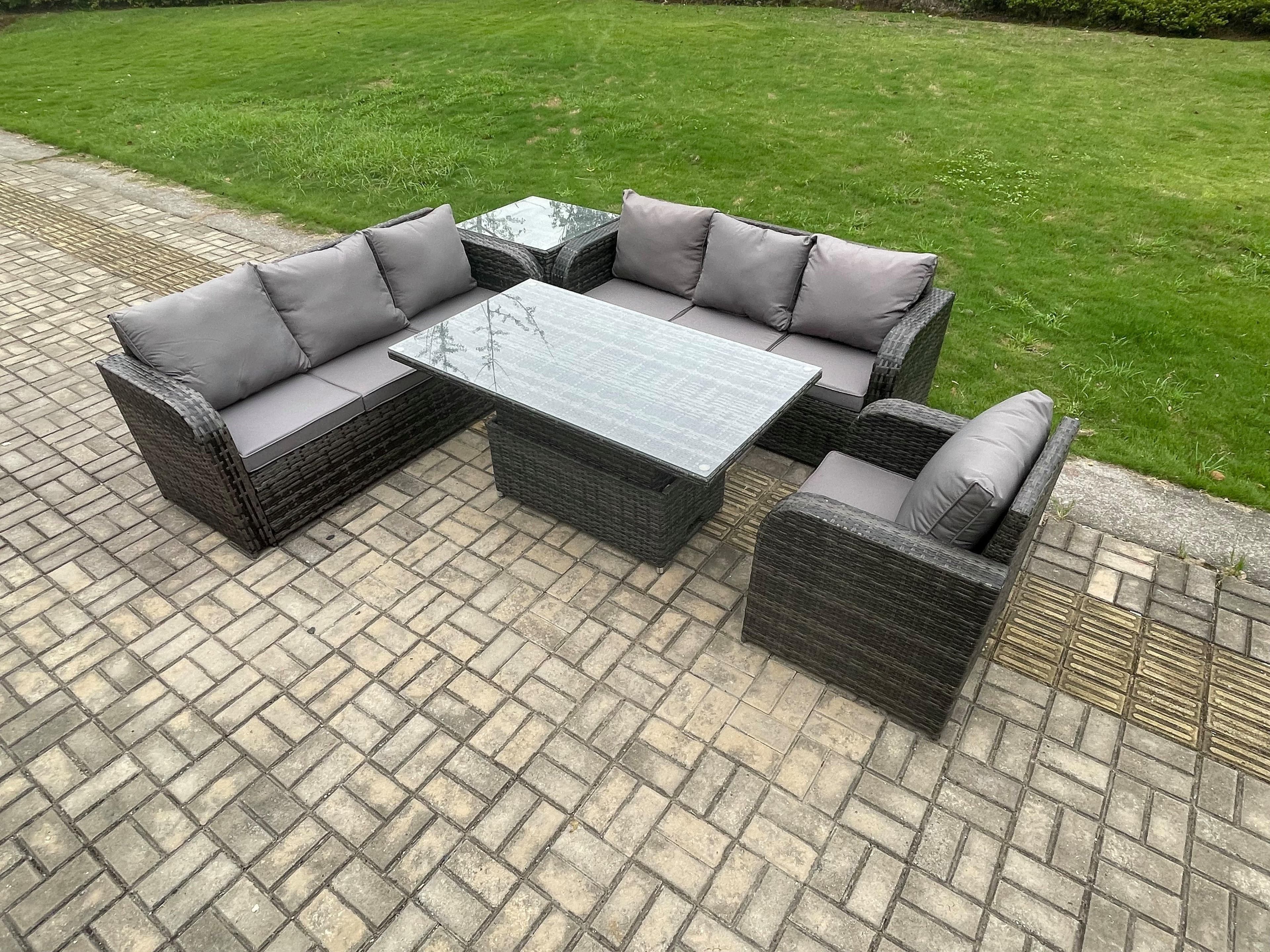 Outdoor Rattan Garden Furniture Sets Height Adjustable Rising lifting Dining Table Sofa Set Reclining Chair Side Table