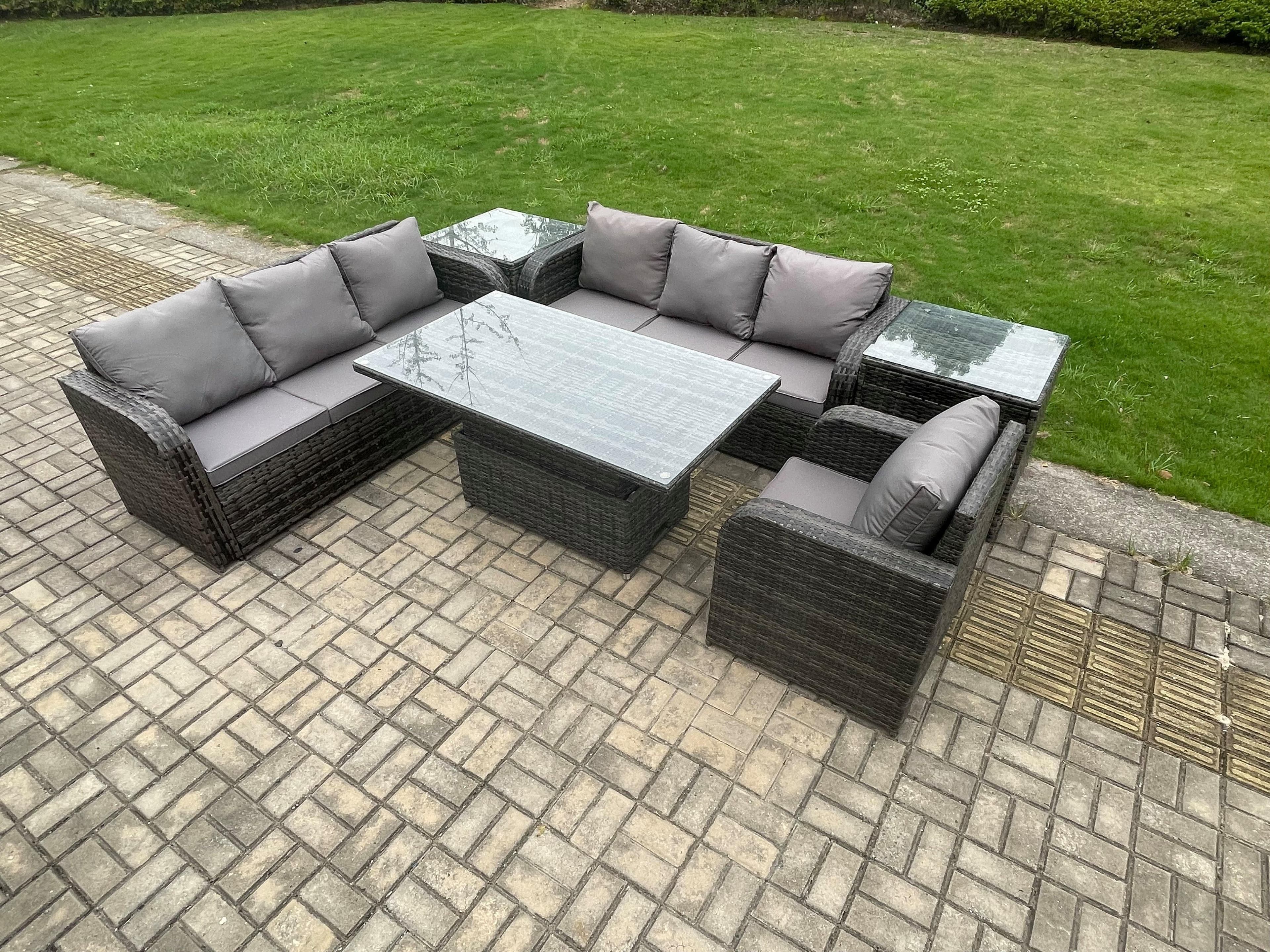 Outdoor Rattan Garden Furniture Sets Height Adjustable Rising lifting Dining Table Sofa Set Reclining Chair 2 Side Tables