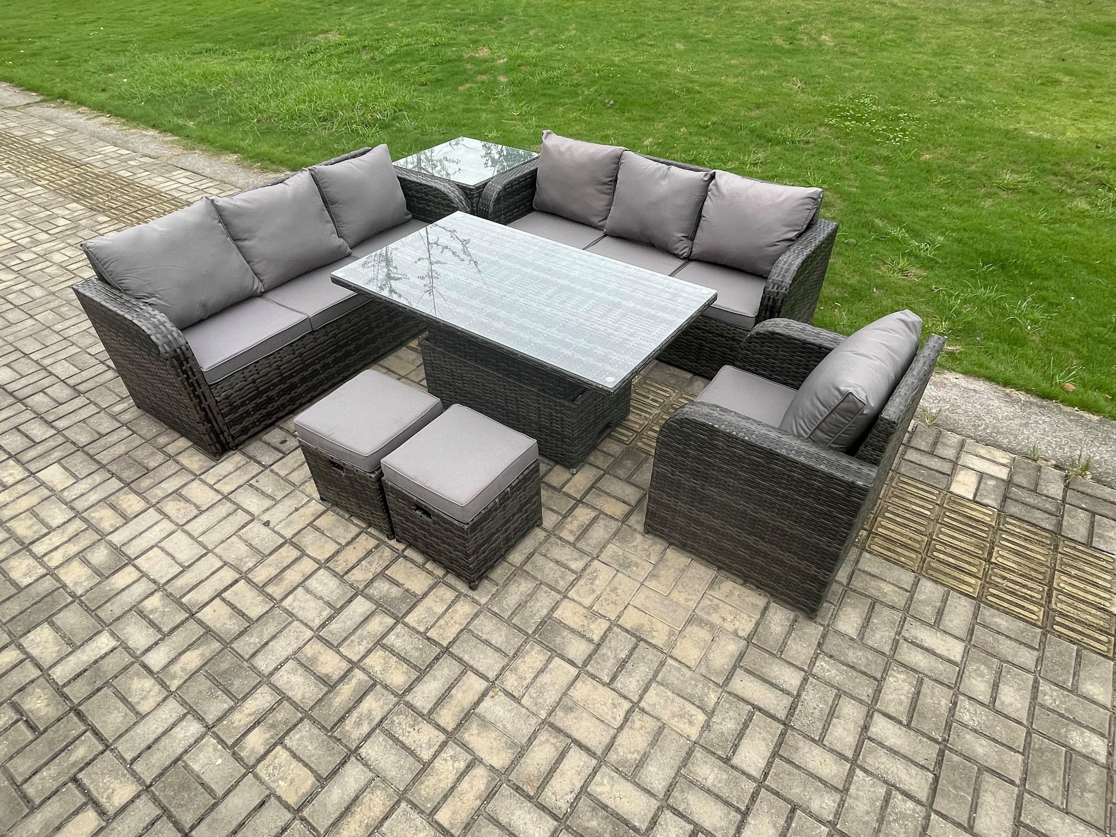 Outdoor Rattan Garden Furniture Sets Height Adjustable Rising lifting Dining Table Sofa Set Reclining Chair Side Table