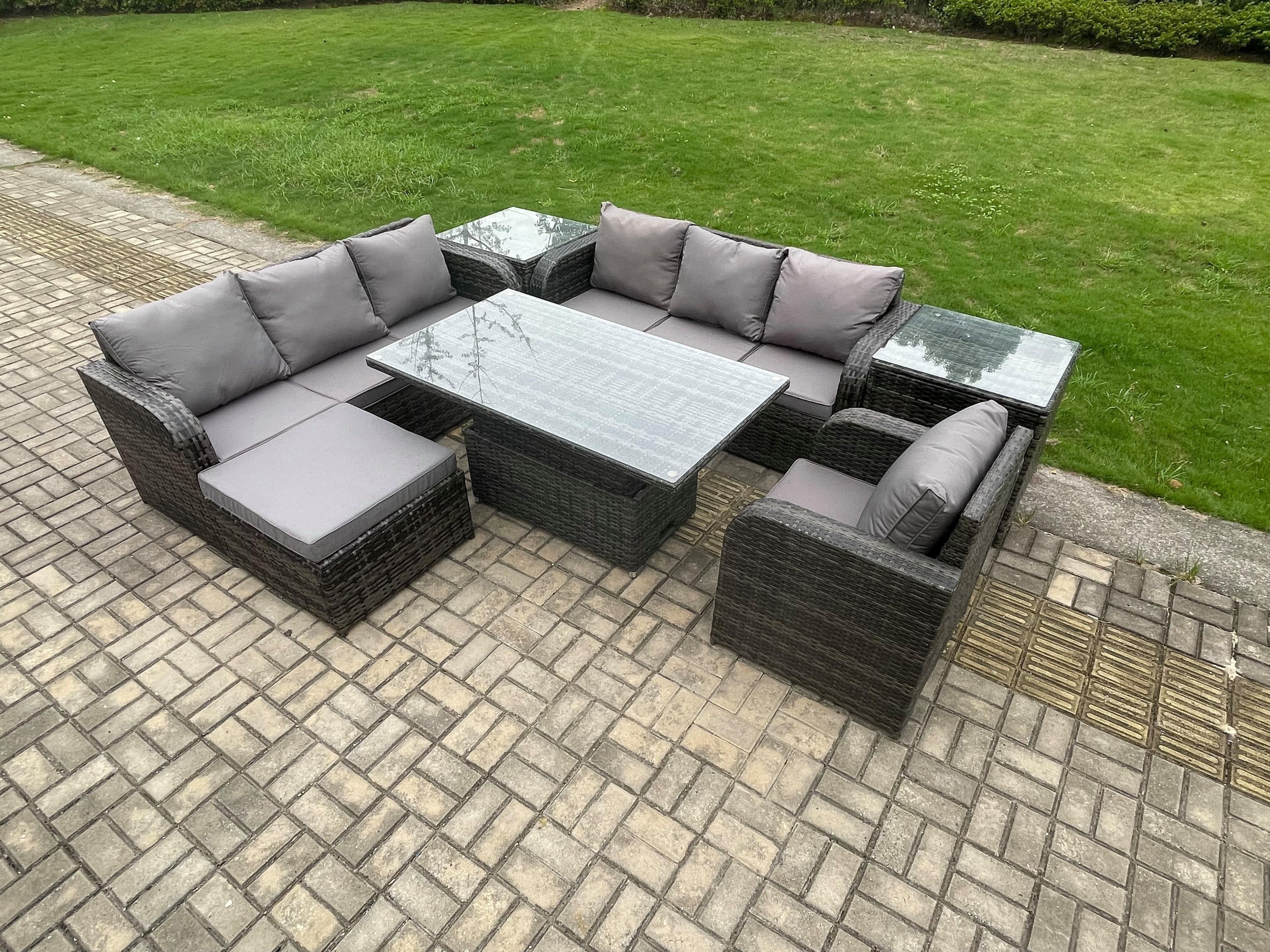 Outdoor Rattan Garden Furniture Sets Height Adjustable Rising lifting Dining Table Sofa Set Reclining Chair Side Table Big Footstool