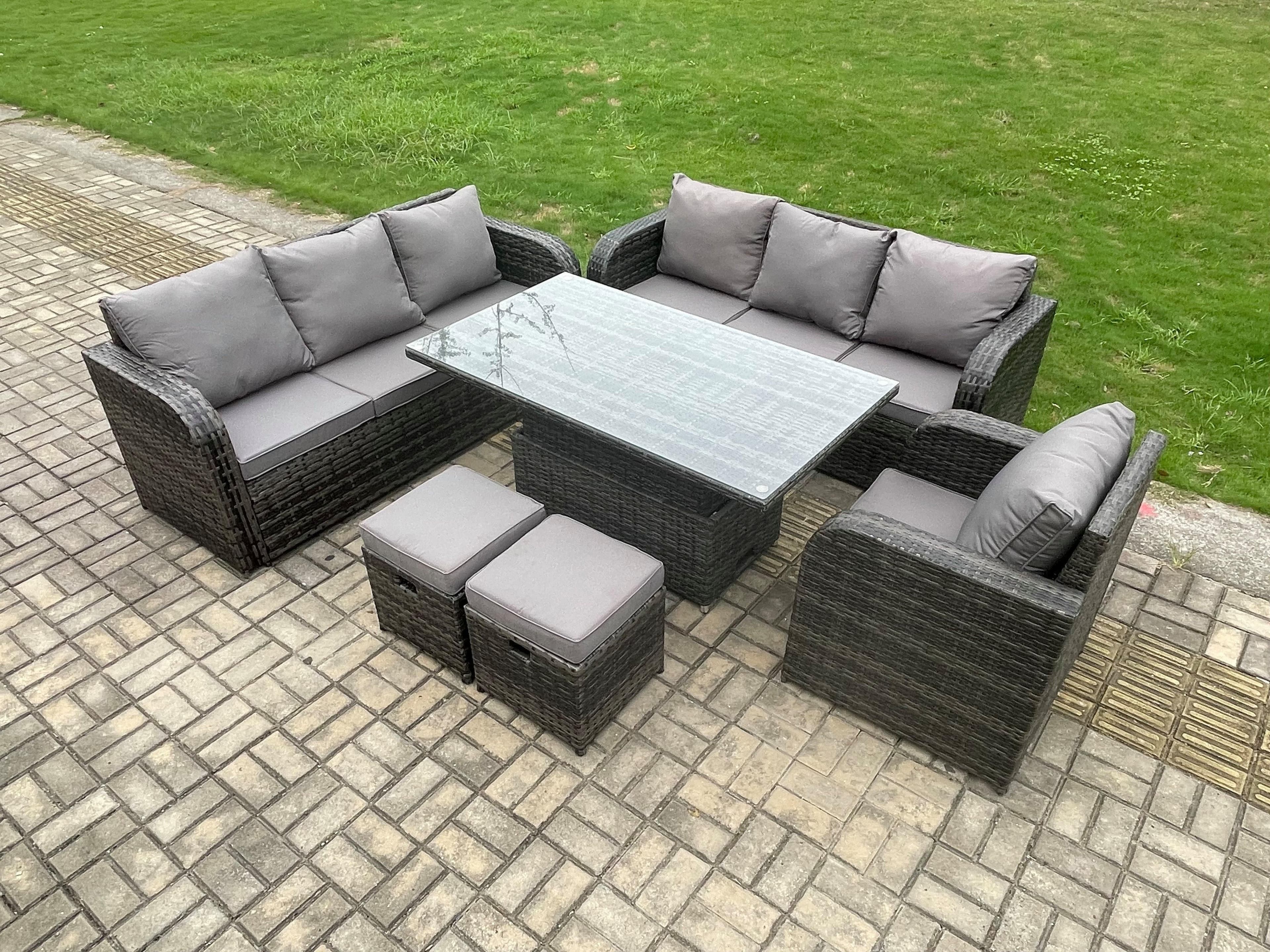 Outdoor Rattan Garden Furniture Sets Height Adjustable Rising lifting Dining Table Sofa Set Reclining Chair 2 Small Footstool