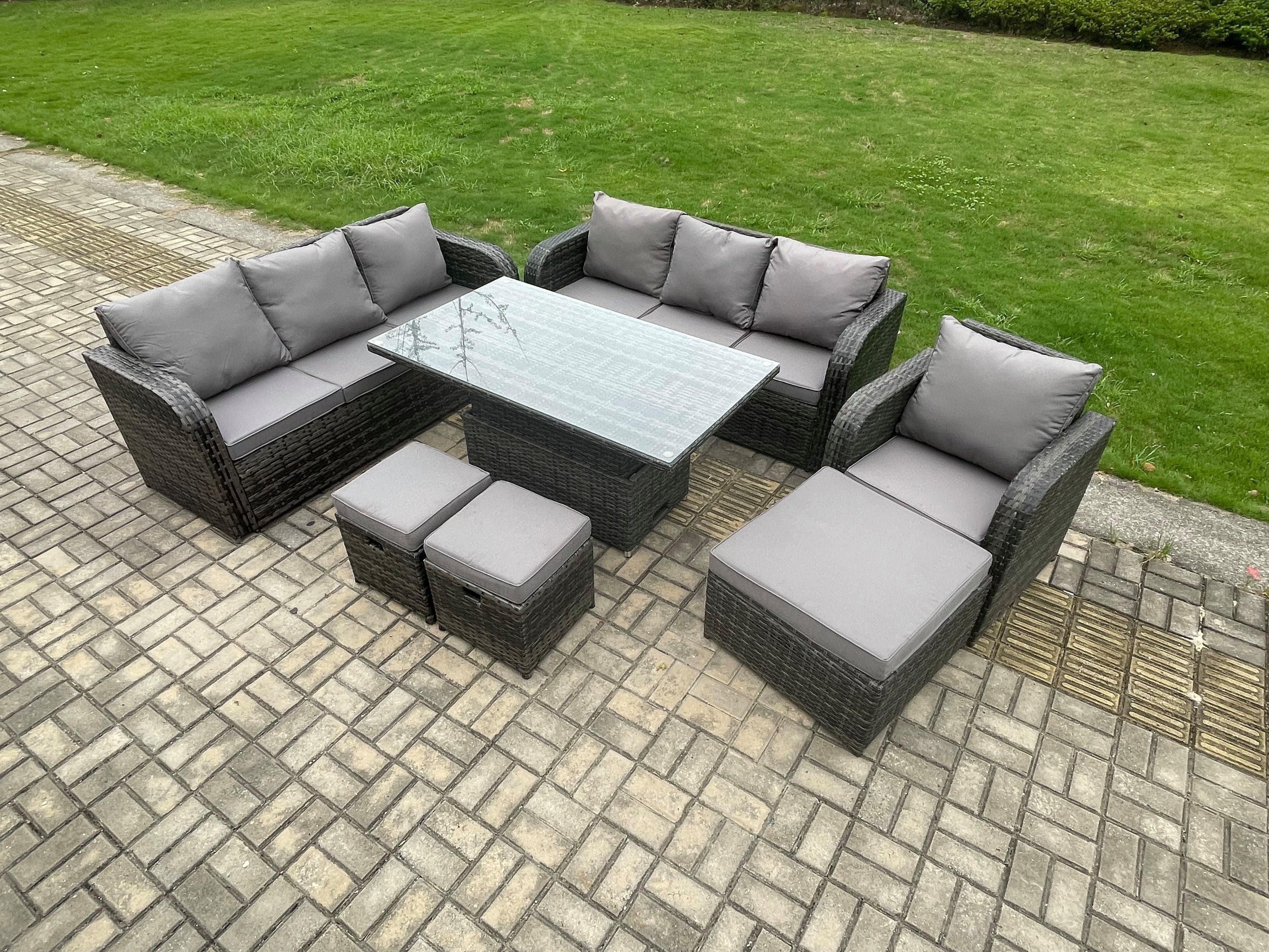 Outdoor Rattan Garden Furniture Sets Height Adjustable Rising lifting Dining Table Sofa Set Reclining Chair Dark Grey Mixed