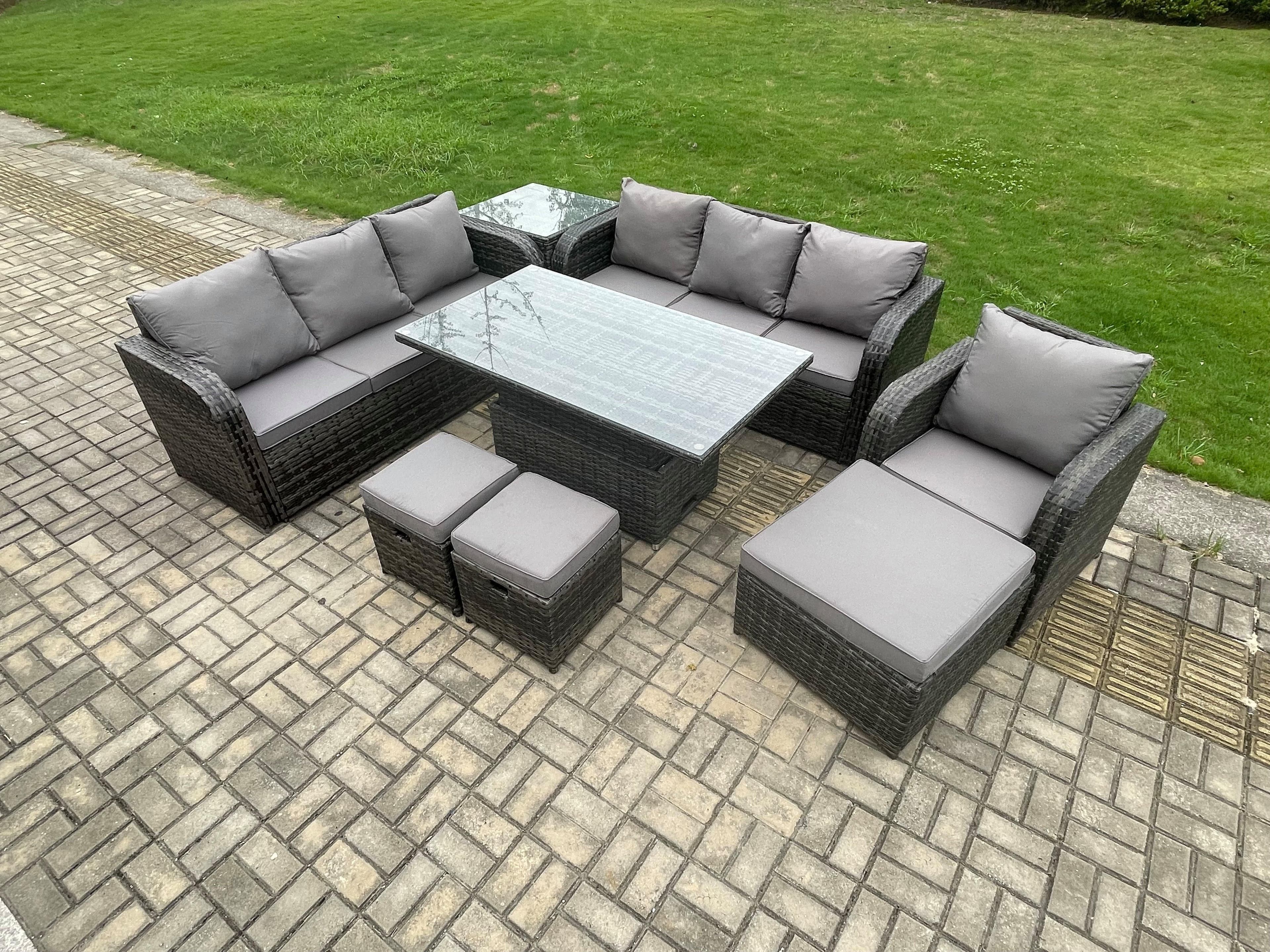 PE Rattan Outdoor Garden Furniture Sets Height Adjustable Rising lifting Dining Table Sofa Set Side Table Reclining Chair