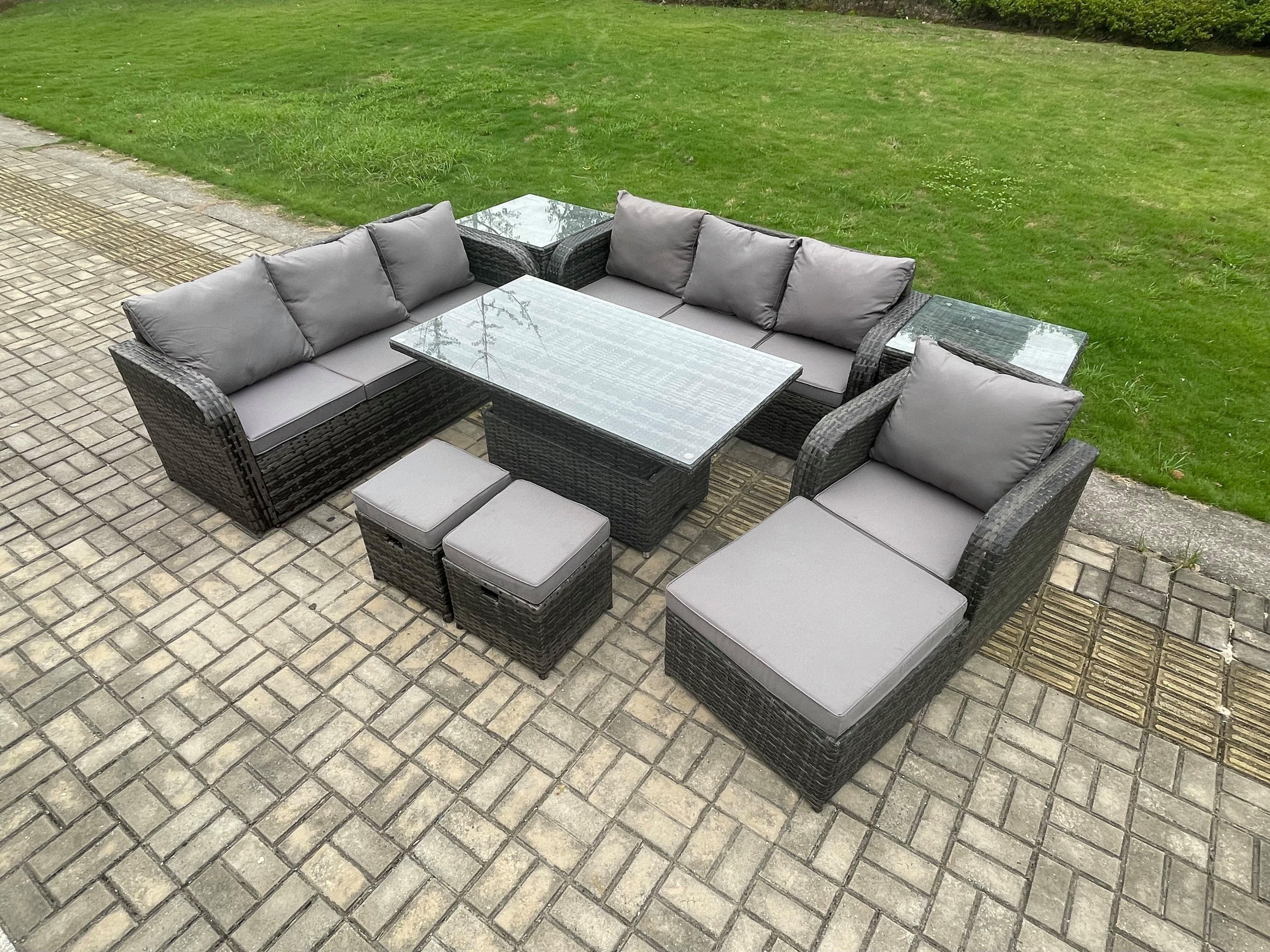 PE Rattan Outdoor Garden Furniture Sets Height Adjustable Rising lifting Dining Table Sofa Set 2 Side Tables Reclining Chair
