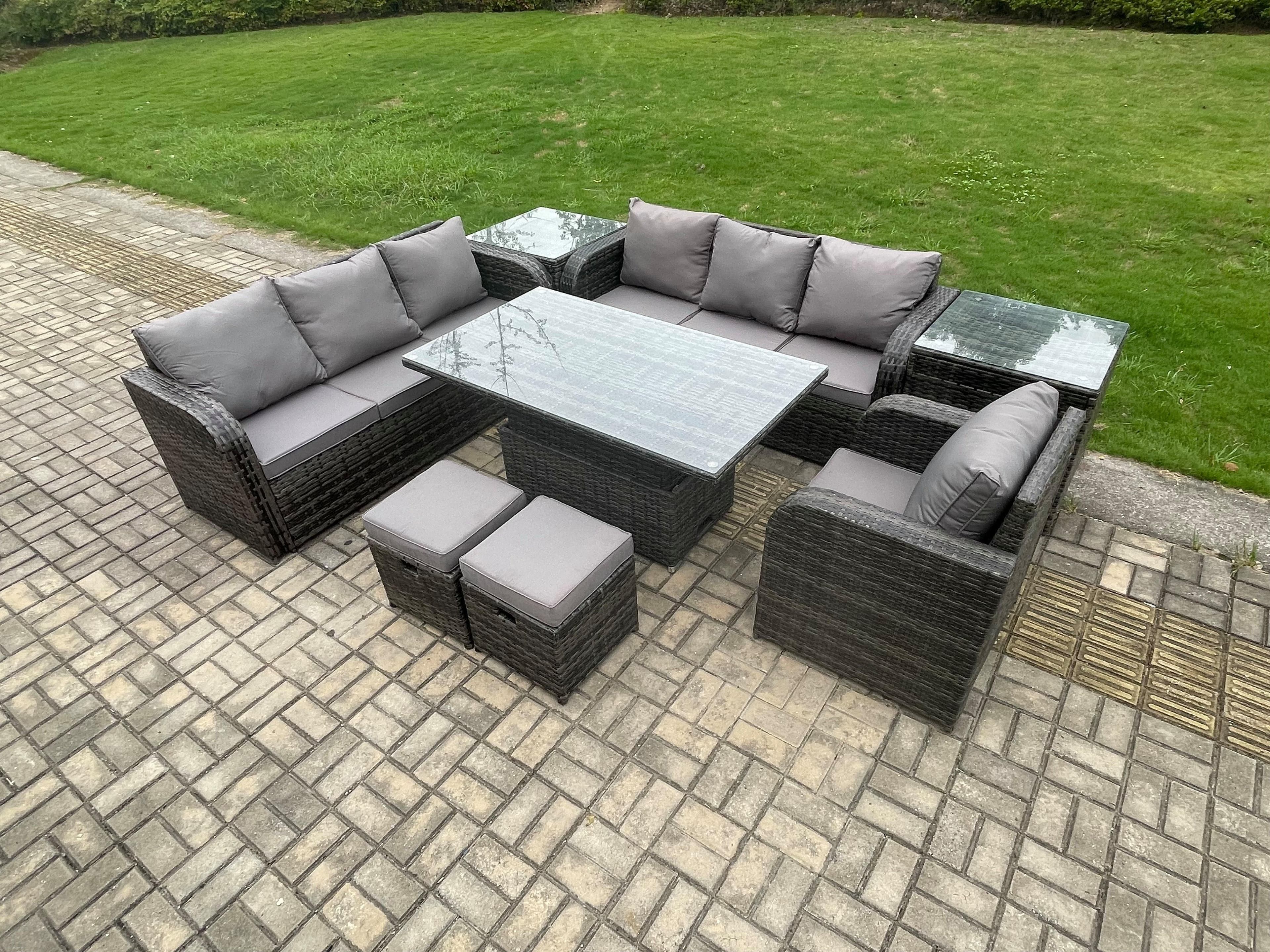PE Rattan Outdoor Garden Furniture Sets Height Adjustable Rising lifting Dining Table Sofa Set Reclining Chair 2 Small Footstools