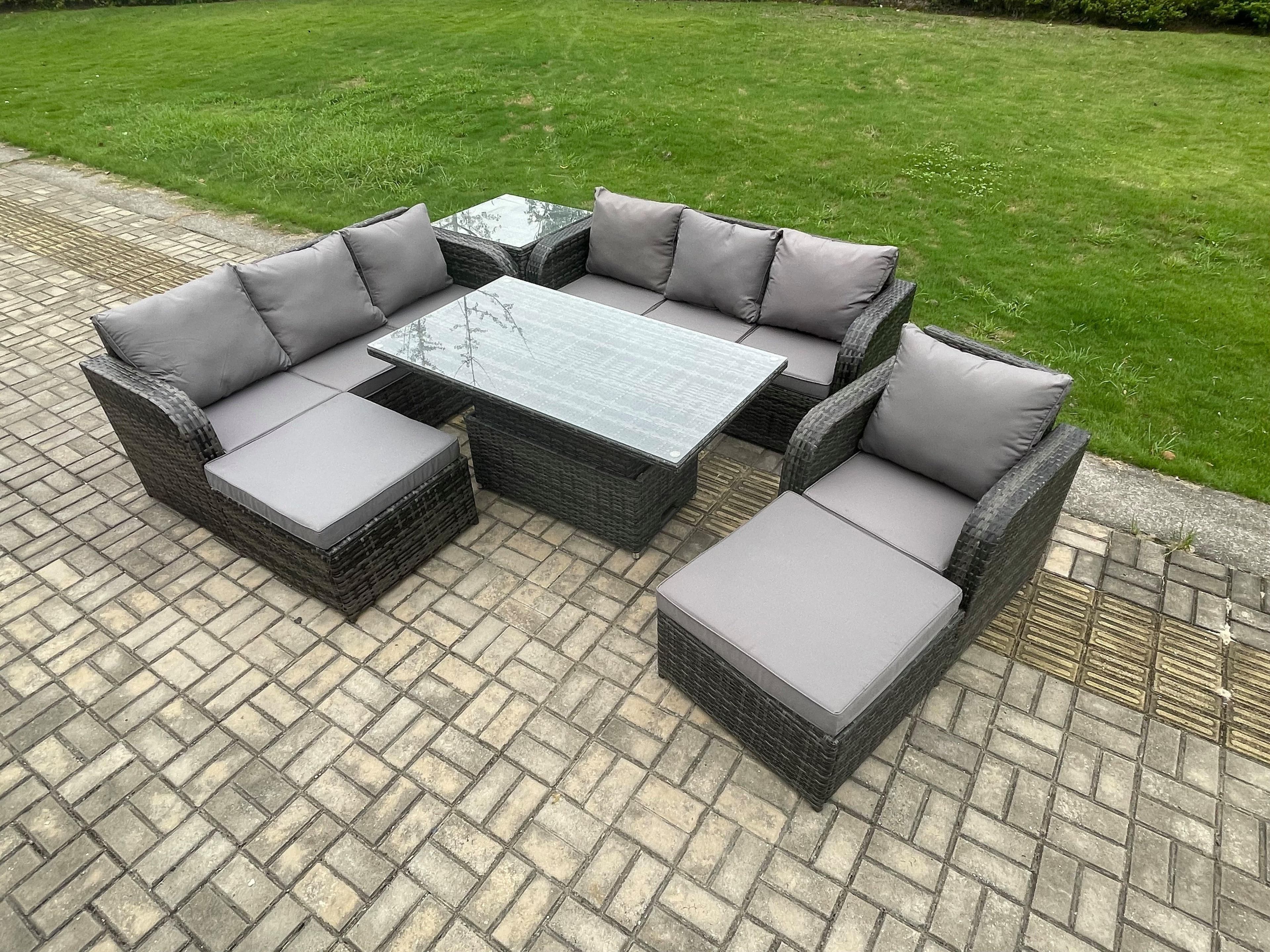 PE Rattan Outdoor Garden Furniture Sets Height Adjustable Rising lifting Dining Table Sofa Set Side Tables Reclining Chair
