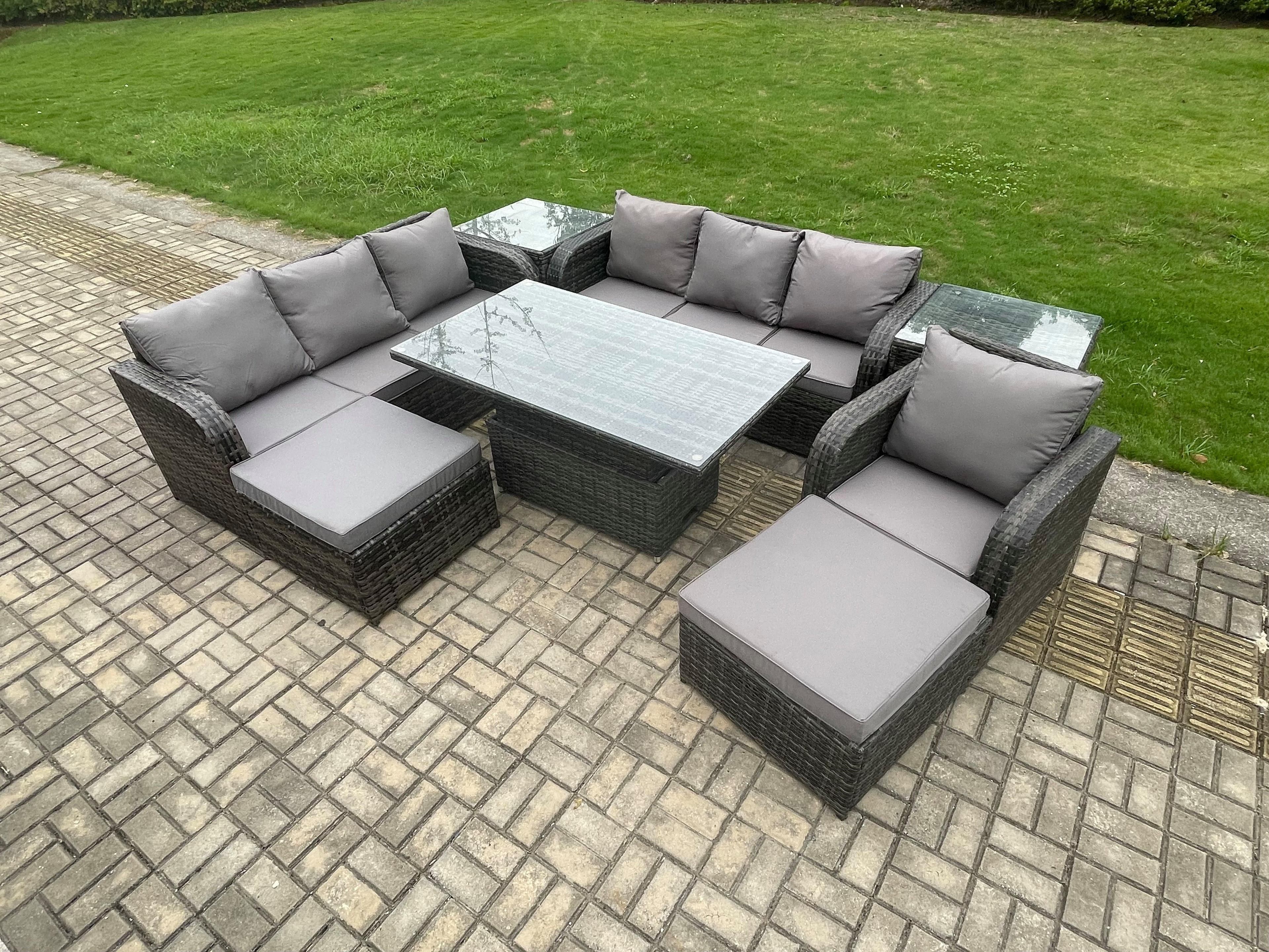 9 Seater PE Rattan Outdoor Garden Furniture Sets Height Adjustable Rising lifting Dining Table Sofa Set 2 Side Tables Reclining Chair