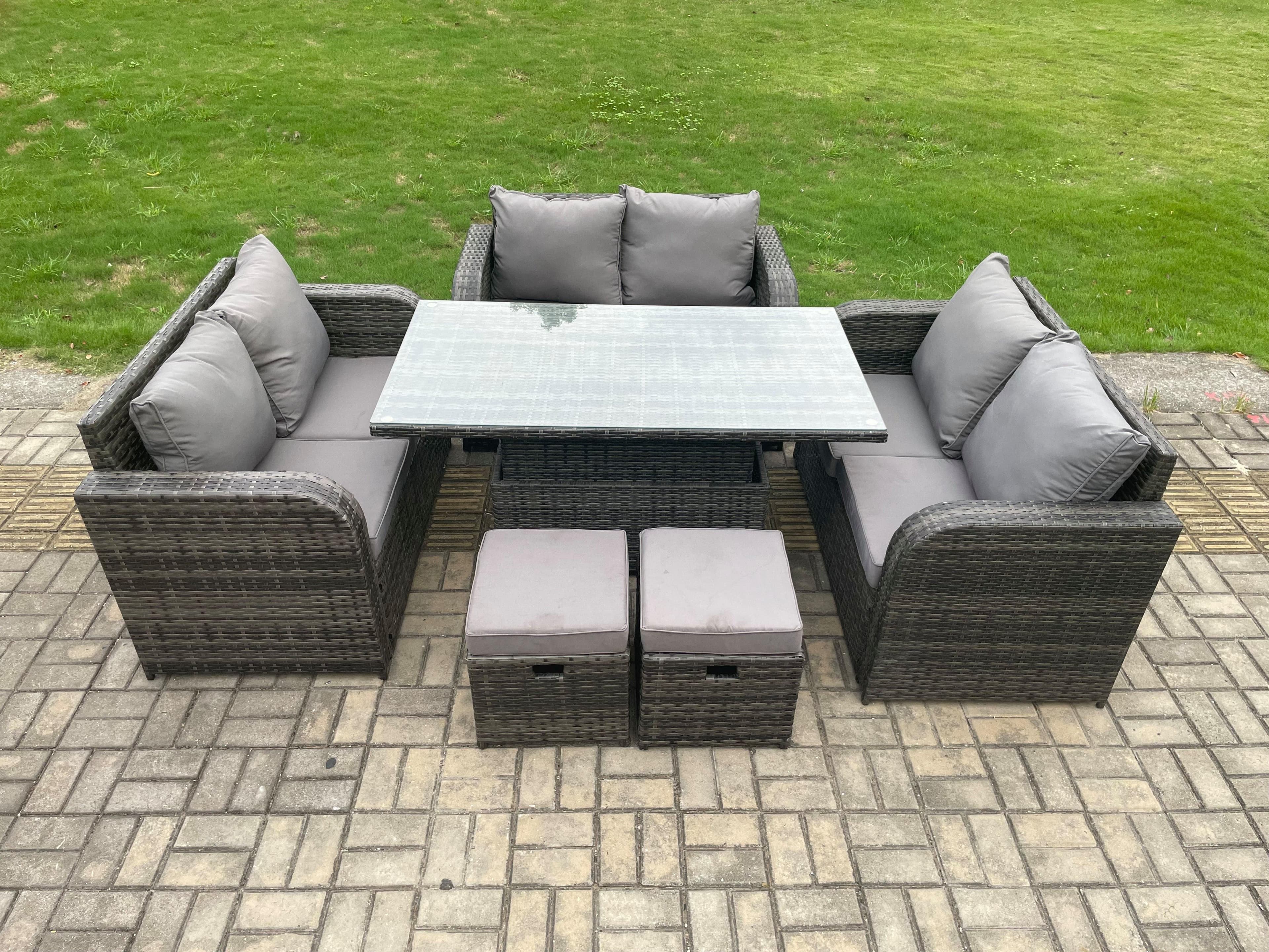Rattan Garden Outdoor Furniture 3 PC Love Sofa Set Patio Adjustable Rising lifting Dining Table 2 Small Footstools
