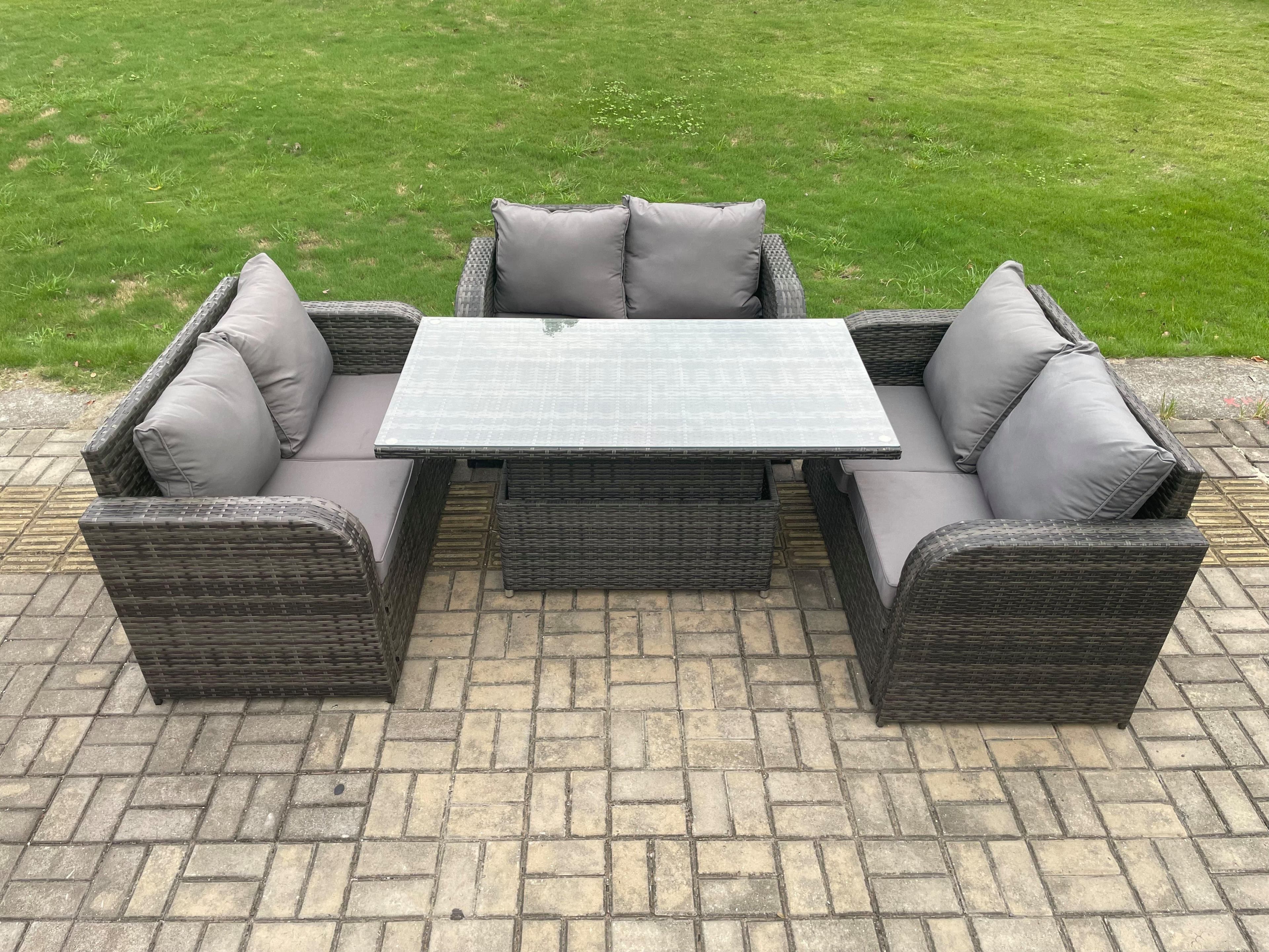 Rattan Garden Outdoor Furniture 3 PC Love Sofa Set Patio Adjustable Rising lifting Dining Table Dark Grey Mixed