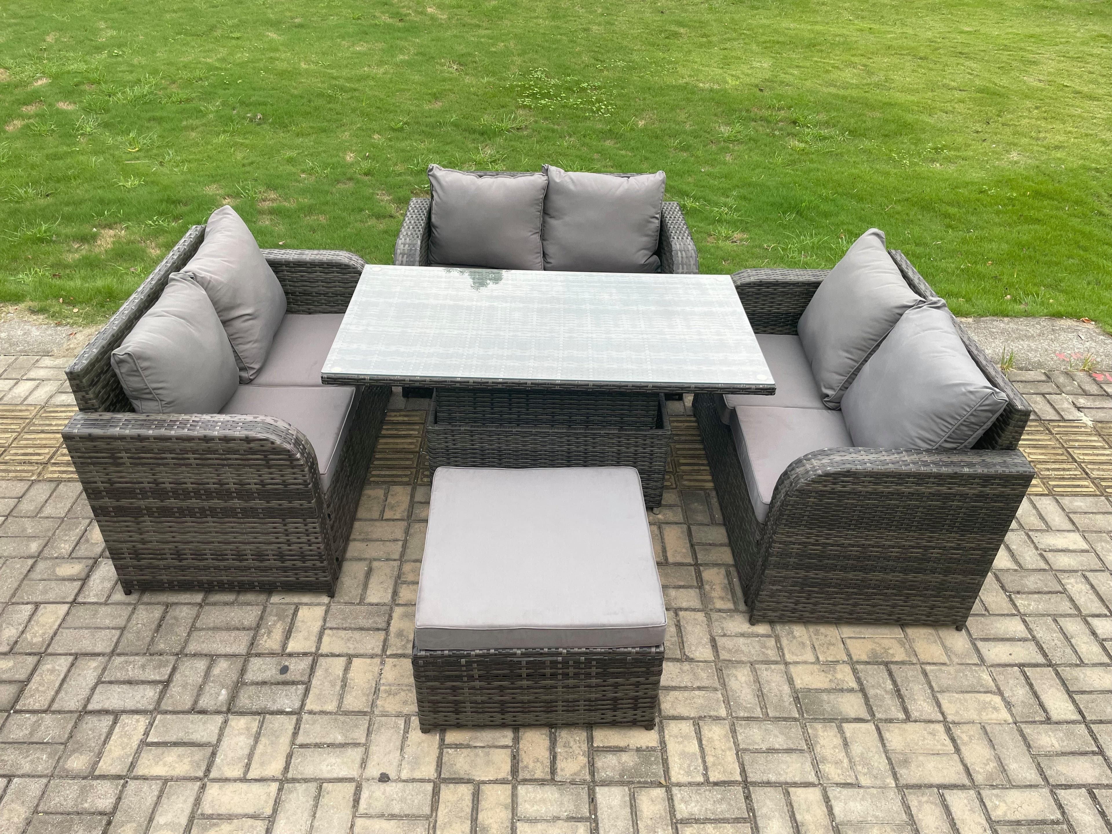 Rattan Garden Outdoor Furniture 3 PC Love Sofa Set Patio Adjustable Rising lifting Dining Table Big Footstool