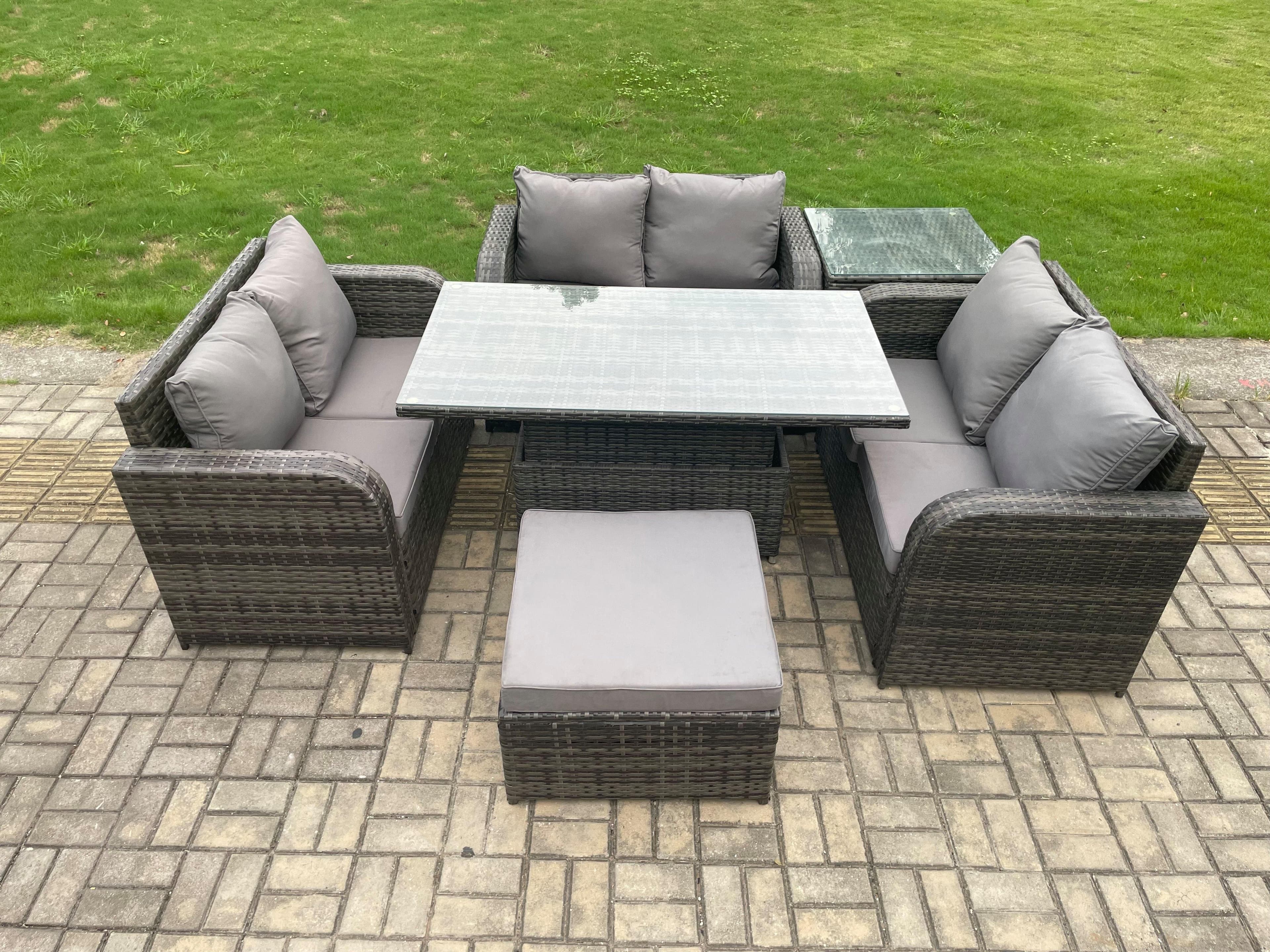 Rattan Garden Outdoor Furniture 3 PC Love Sofa Set Patio Adjustable Rising lifting Dining Table Side Table Big Footstool
