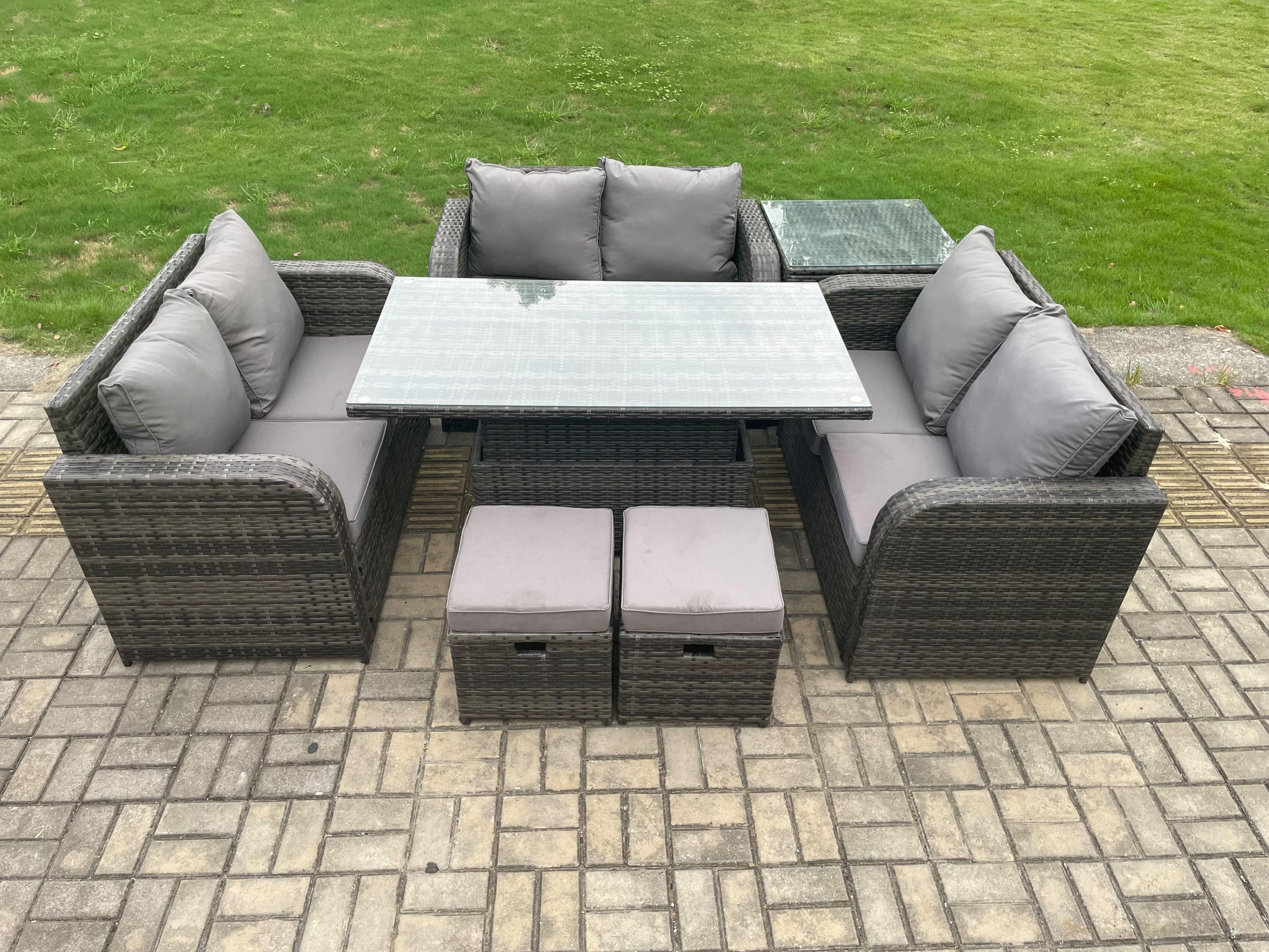 Rattan Garden Outdoor Furniture 3 PC Love Sofa Set Patio Adjustable Rising lifting Dining Table Side Table 2 Small Footstools