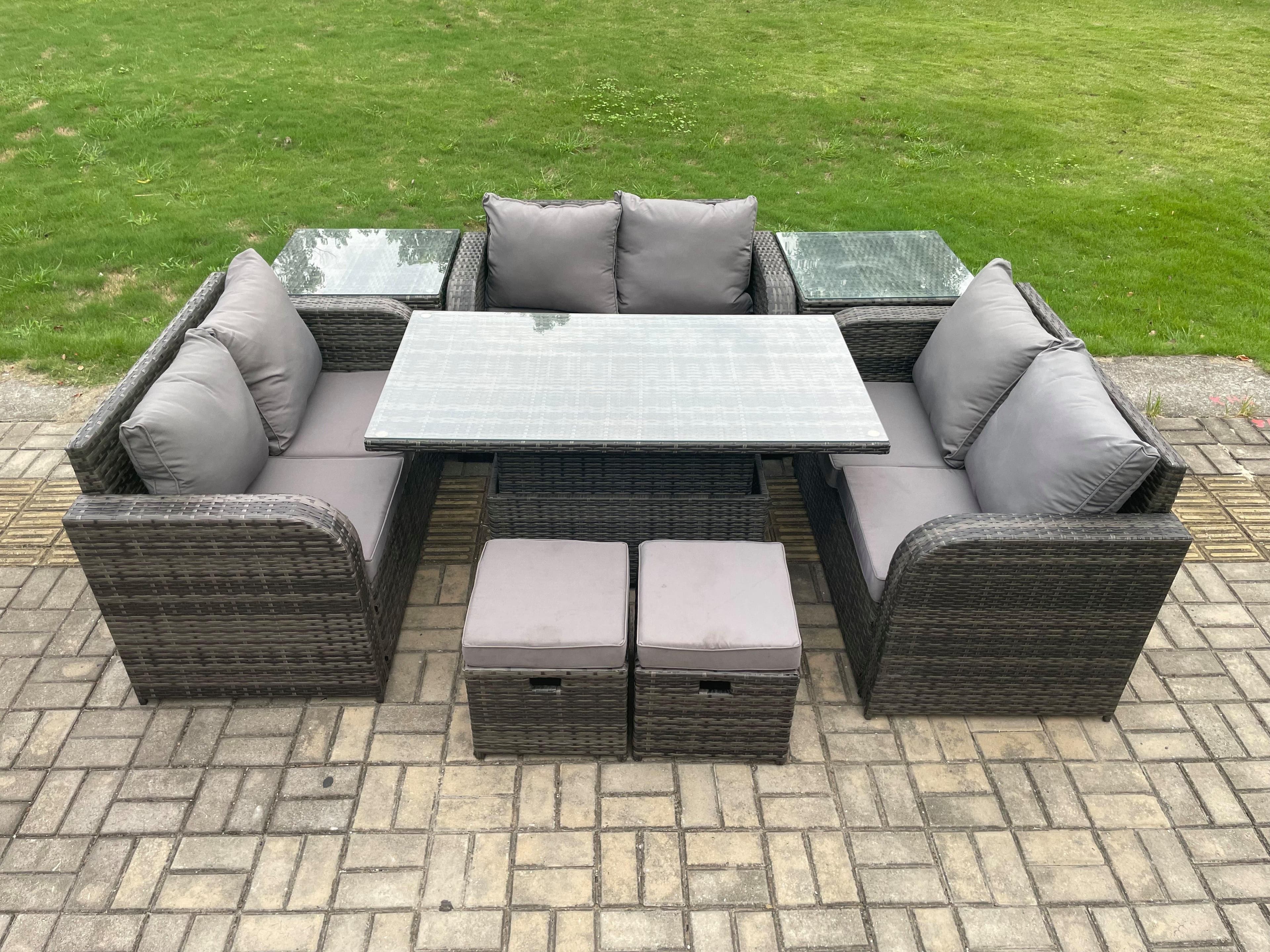 Rattan Garden Outdoor Furniture 3 PC Love Sofa Set Patio Adjustable Rising lifting Dining Table 2 Side Tables 2 Small Footstools
