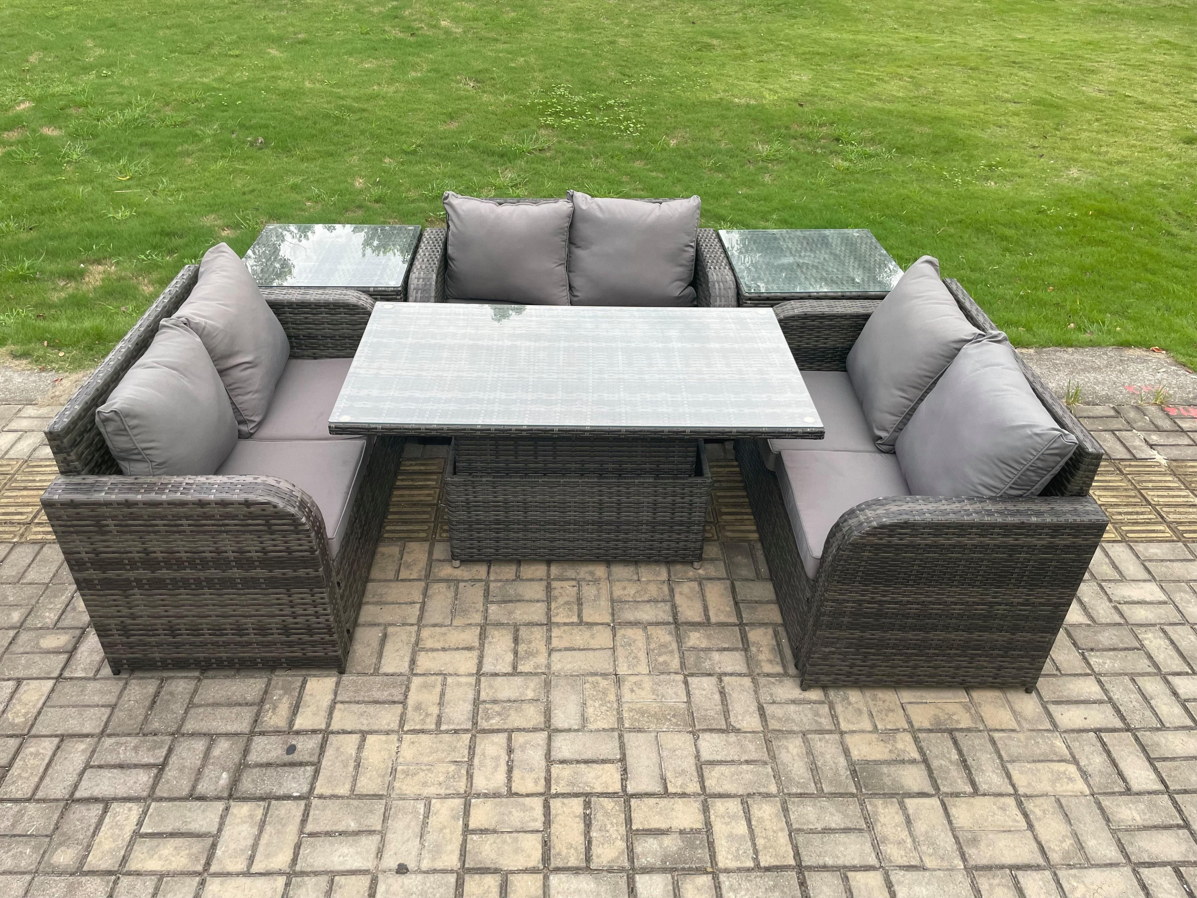 Rattan Garden Outdoor Furniture 3 PC Love Sofa Set Patio Adjustable Rising lifting Dining Table 2 Side Tables