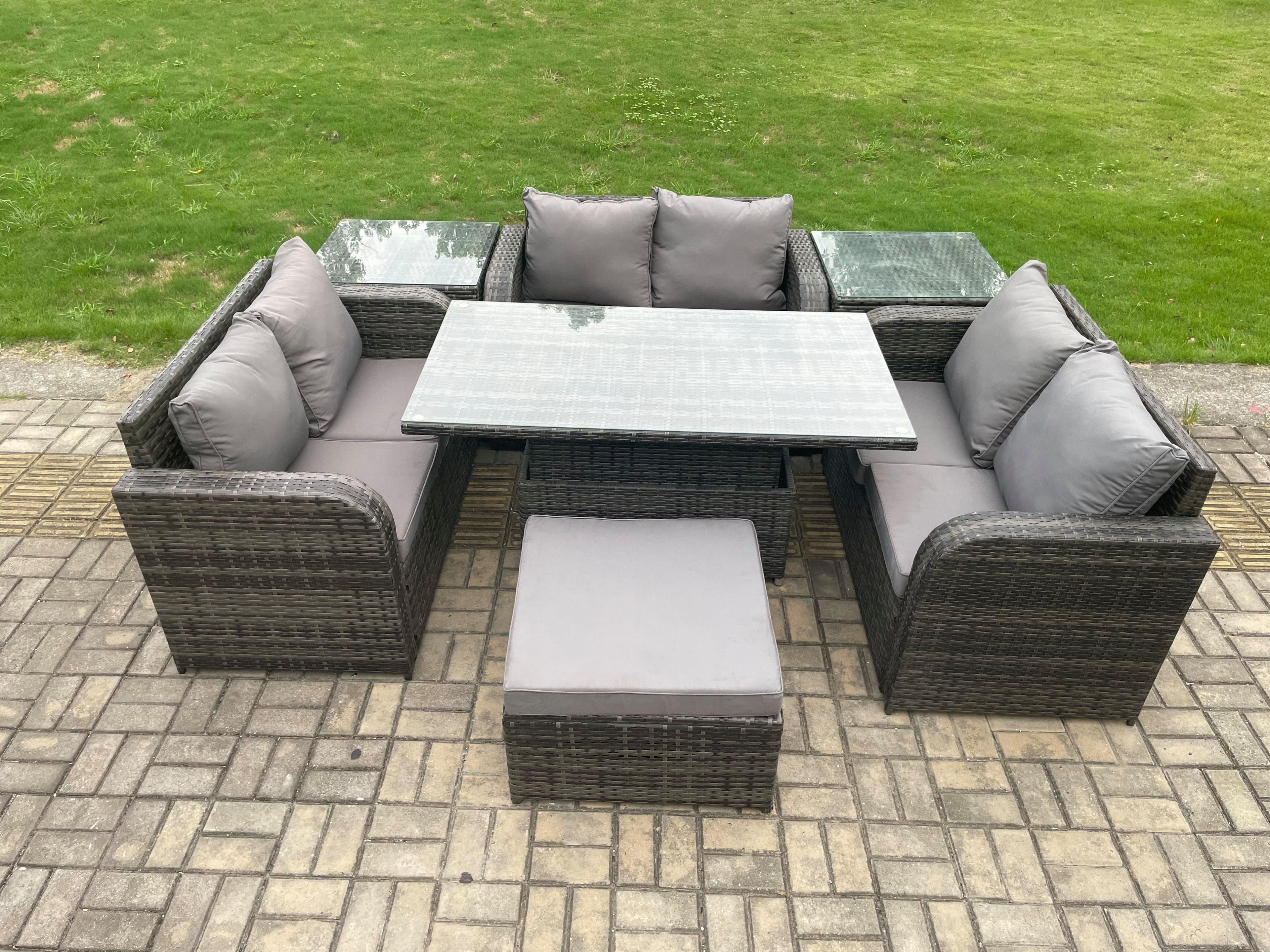 Rattan Garden Outdoor Furniture 3 PC Love Sofa Set Patio Adjustable Rising lifting Dining Table 2 Side Tables Big Footstool