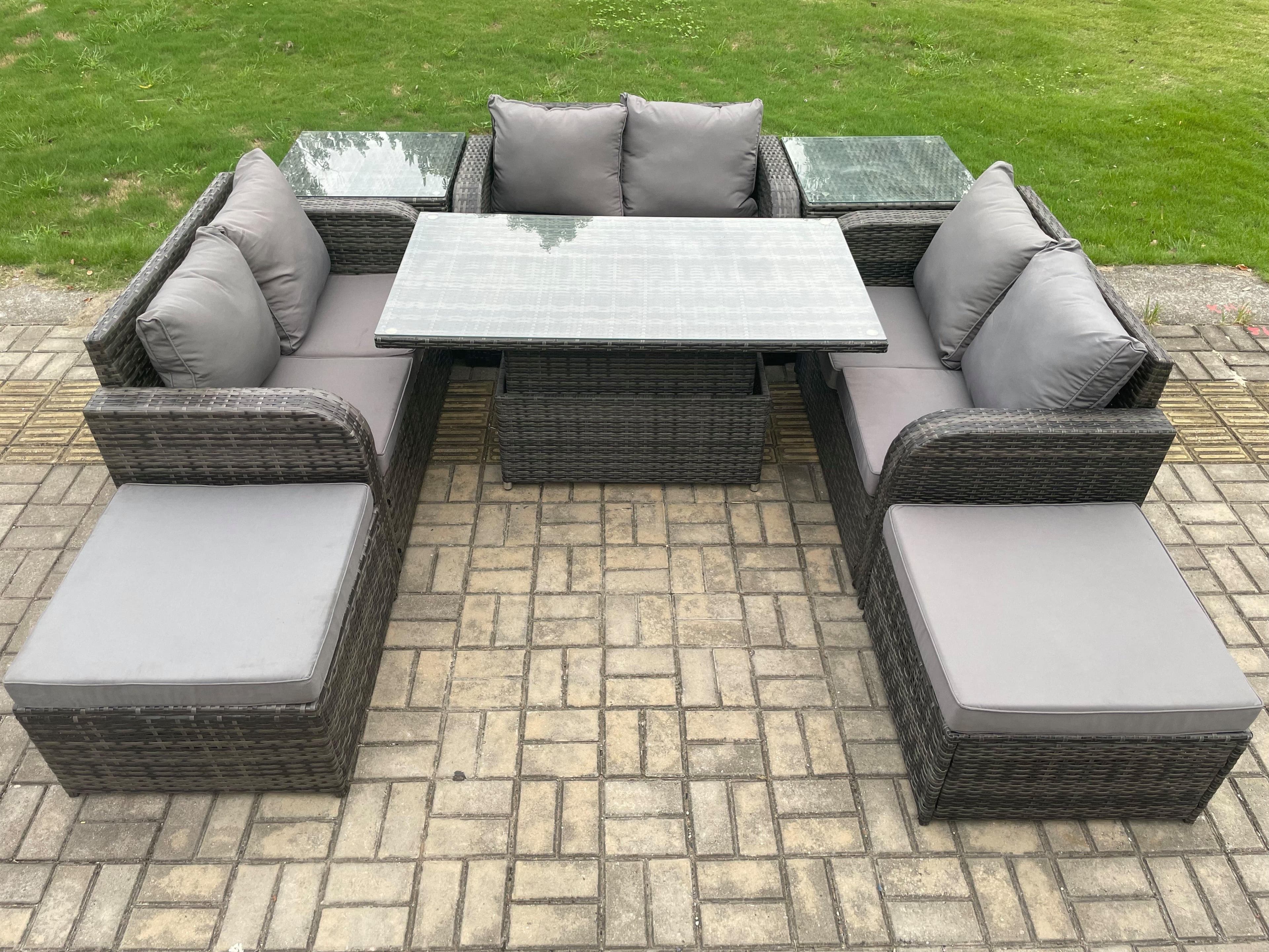 Rattan Garden Outdoor Furniture 3 PC Love Sofa Set Patio Adjustable Rising lifting Dining Table 2 Side Tables 2 Big Footstool