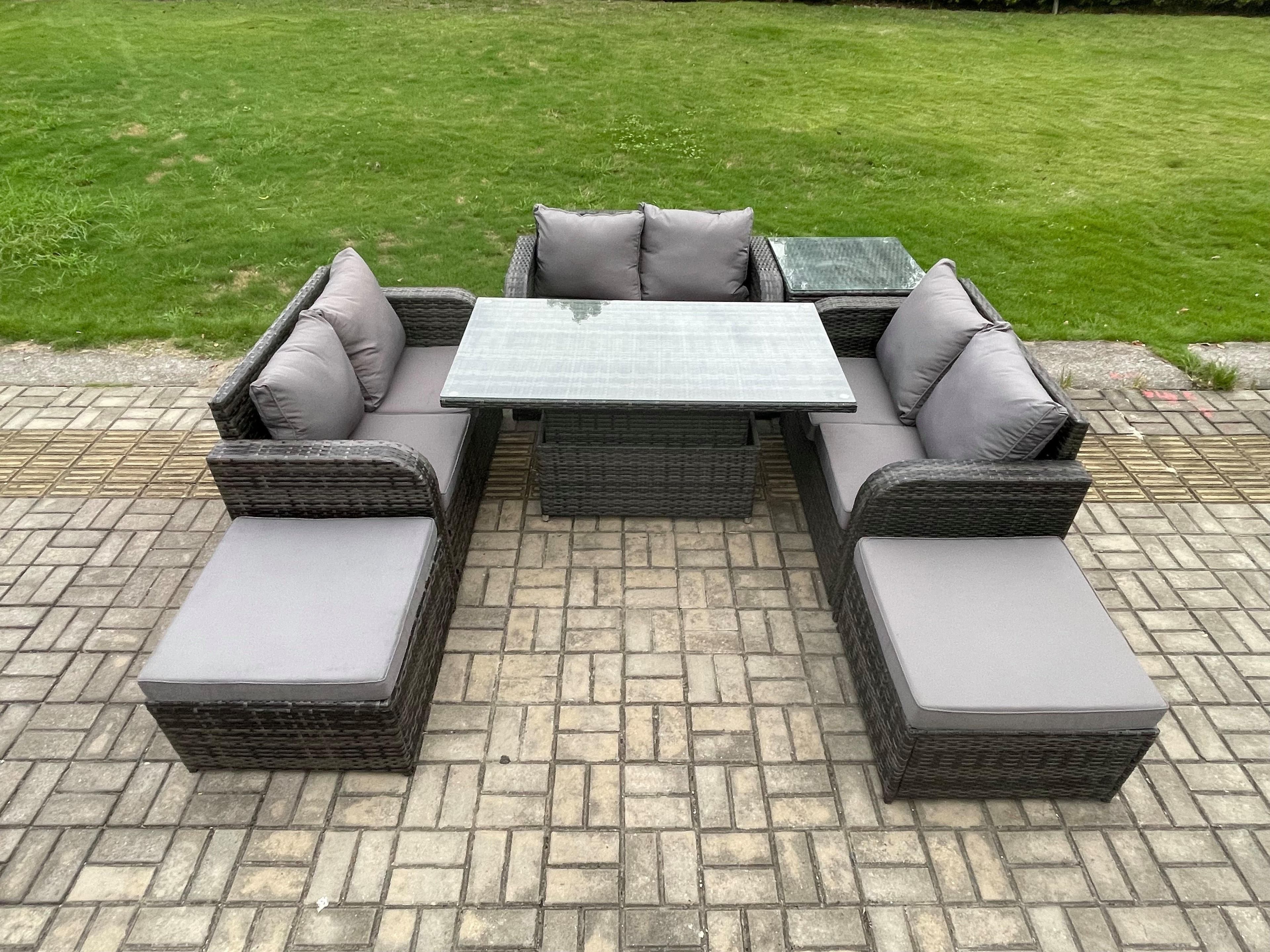Rattan Garden Outdoor Furniture 3 PC Love Sofa Set Patio Adjustable Rising lifting Dining Table Side Table 2 Big Footstool