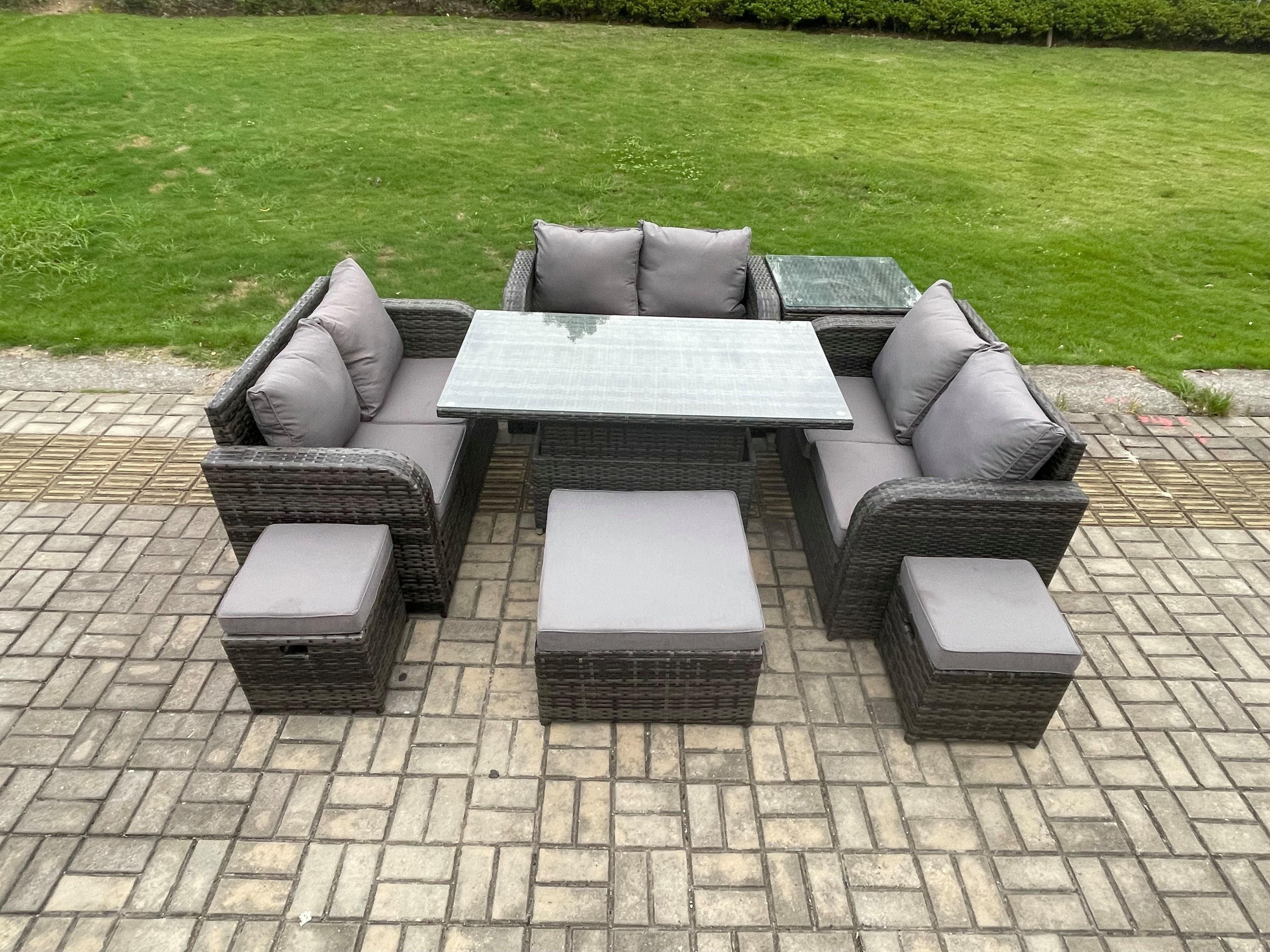 Rattan Garden Outdoor Furniture 3 PC Love Sofa Set Adjustable Rising lifting Dining Table Side Table 3 Footstools