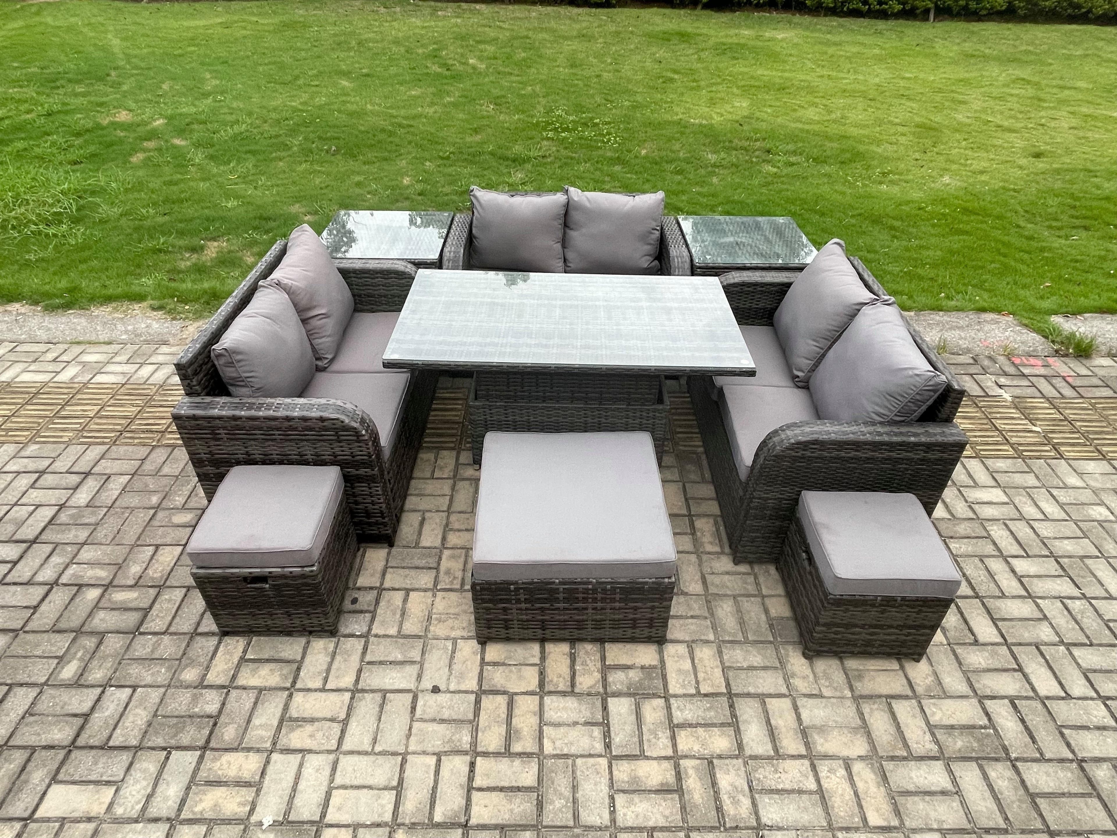Rattan Garden Outdoor Furniture 3 PC Love Sofa Set Adjustable Rising lifting Dining Table 2 Side Tables 3 Footstools
