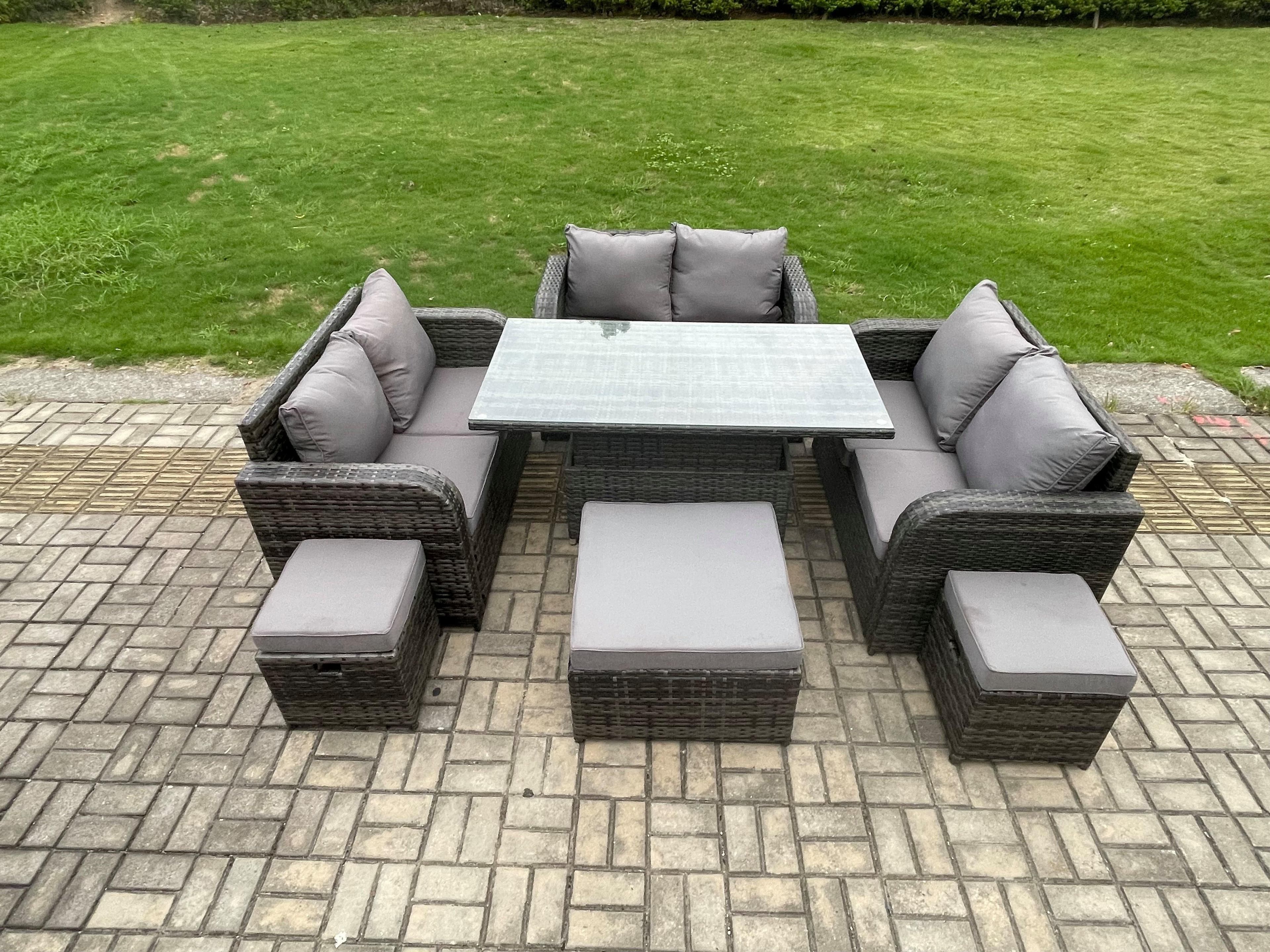 Rattan Garden Outdoor Furniture 3 PC Love Sofa Set Adjustable Rising lifting Dining Table 3 Footstools