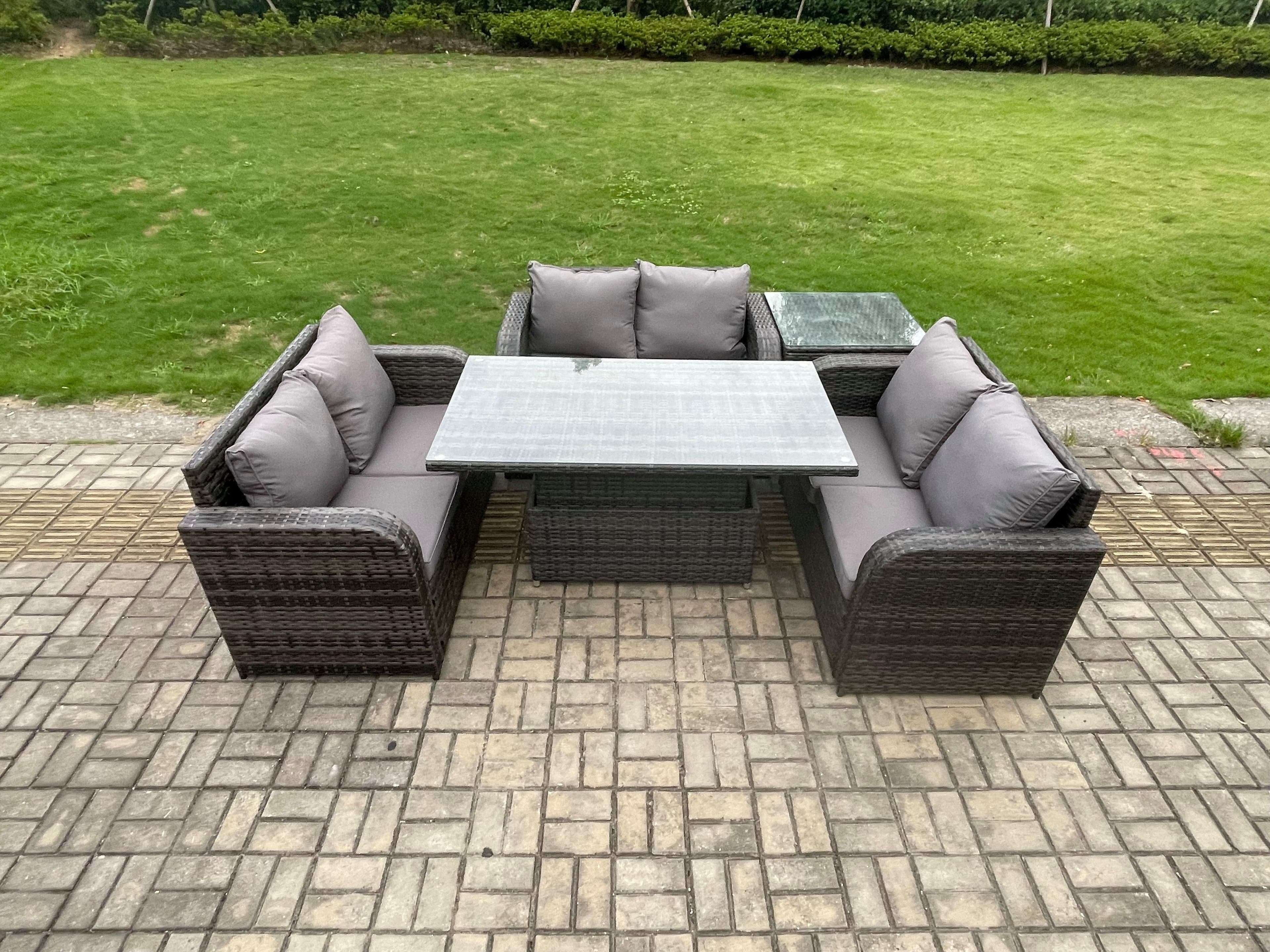 Outdoor Rattan Furniture Garden Dining Set Height Adjustable Rising lifting Table 3 PC Love Sofa Side Table