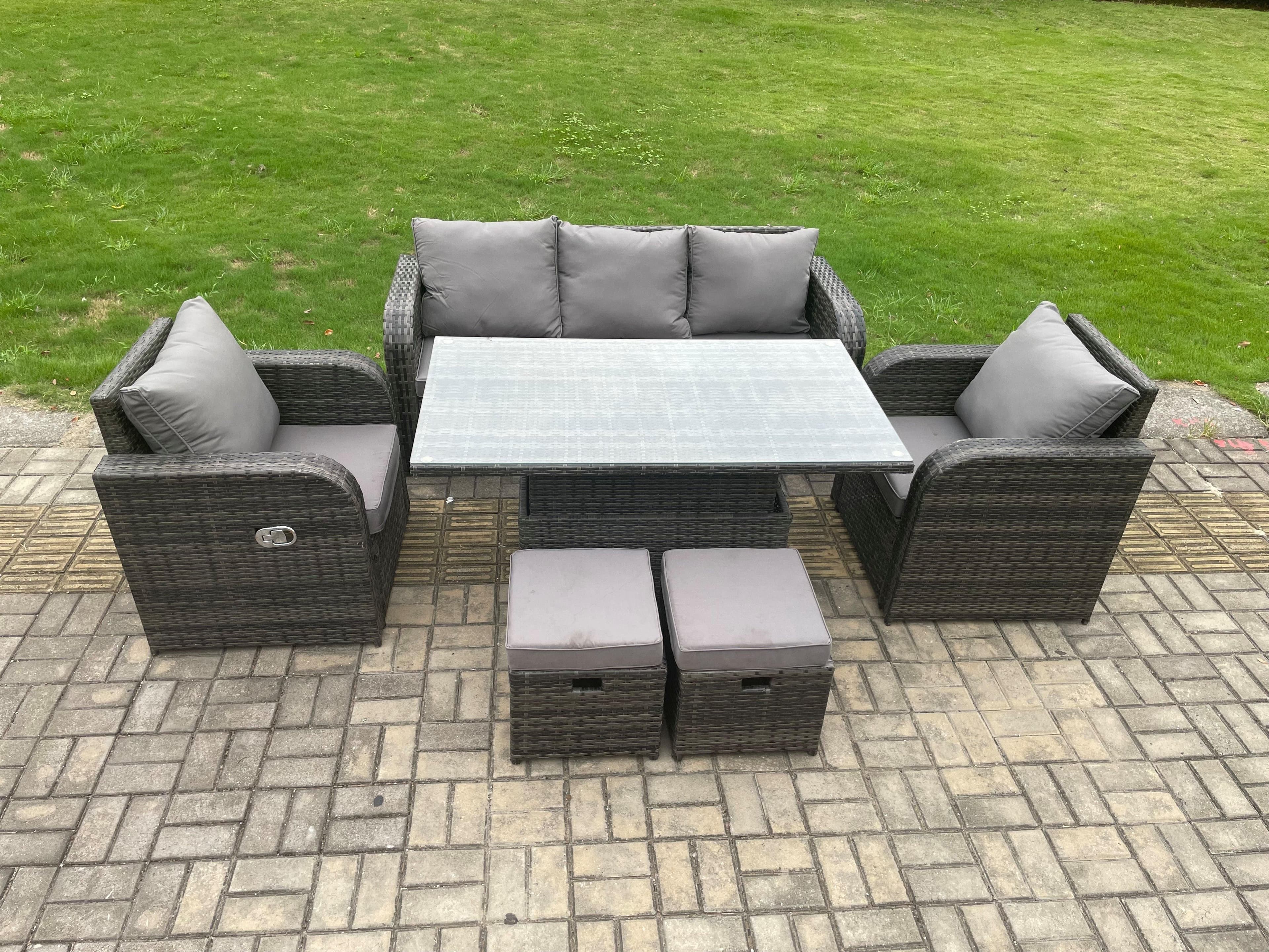 Rattan Furniture Garden Dining Sets Outdoor Height Adjustable Rising lifting Table Chair Set Lounge Sofa 2 Small Footstools