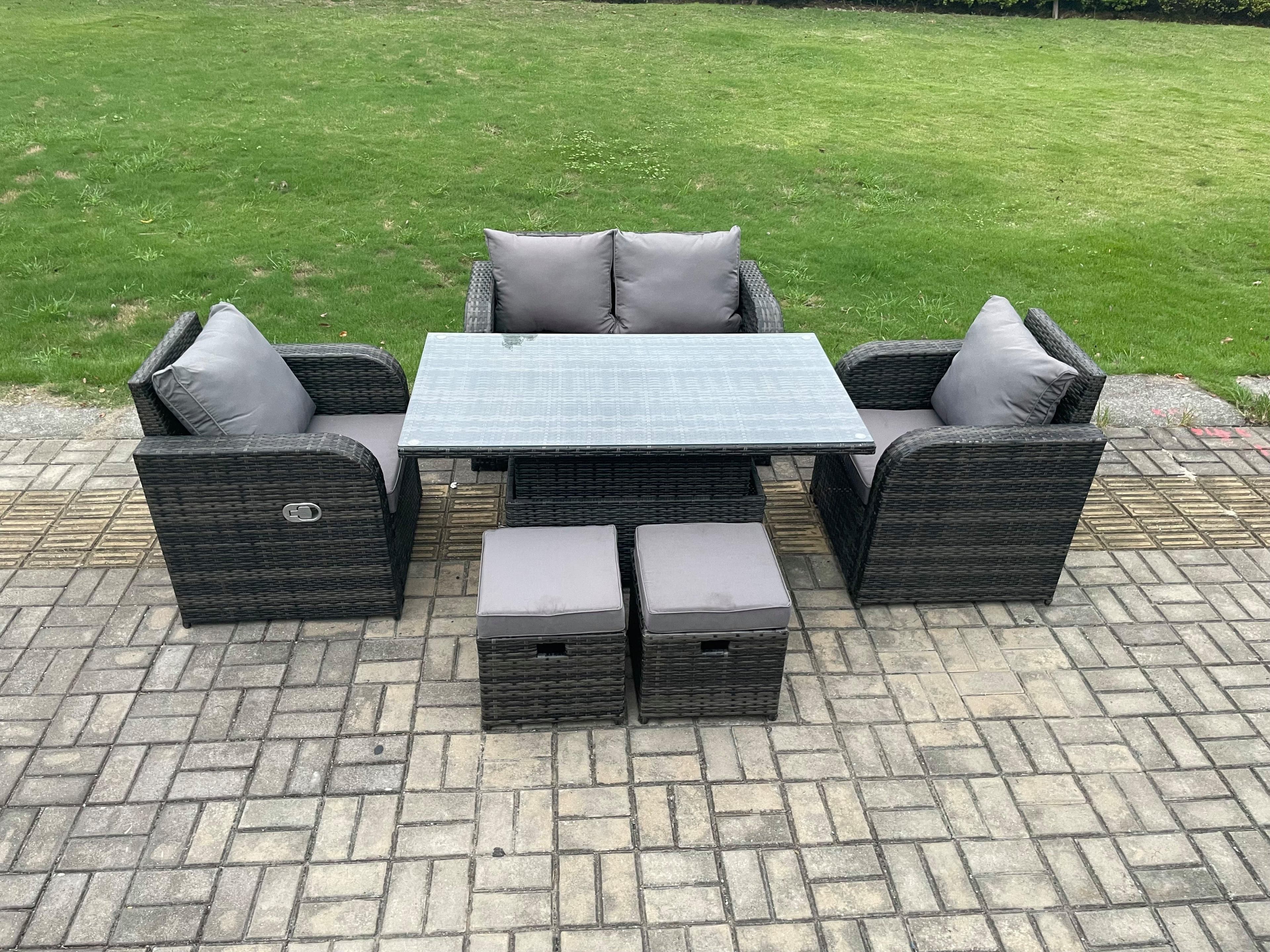 Wicker PE Rattan Furniture Garden Dining Set Outdoor Patio Height Adjustable Rising lifting Table Love Sofa 2 Small Footstools