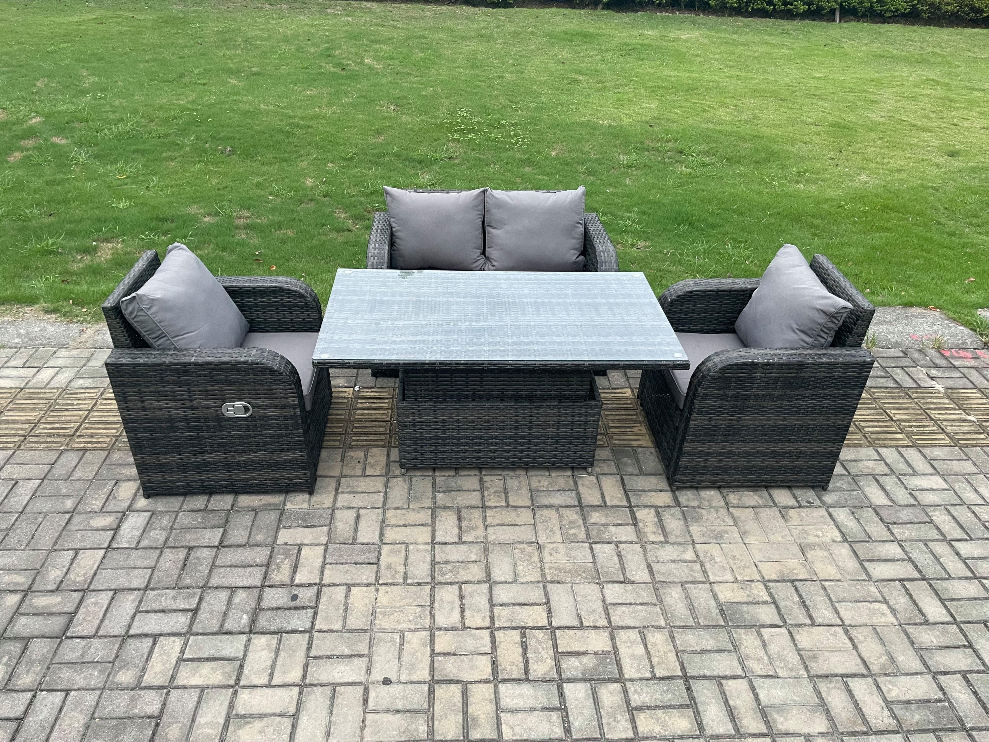 Wicker PE Rattan Furniture Garden Dining Set Outdoor Patio Height Adjustable Rising lifting Table Love Sofa Reclining Chair
