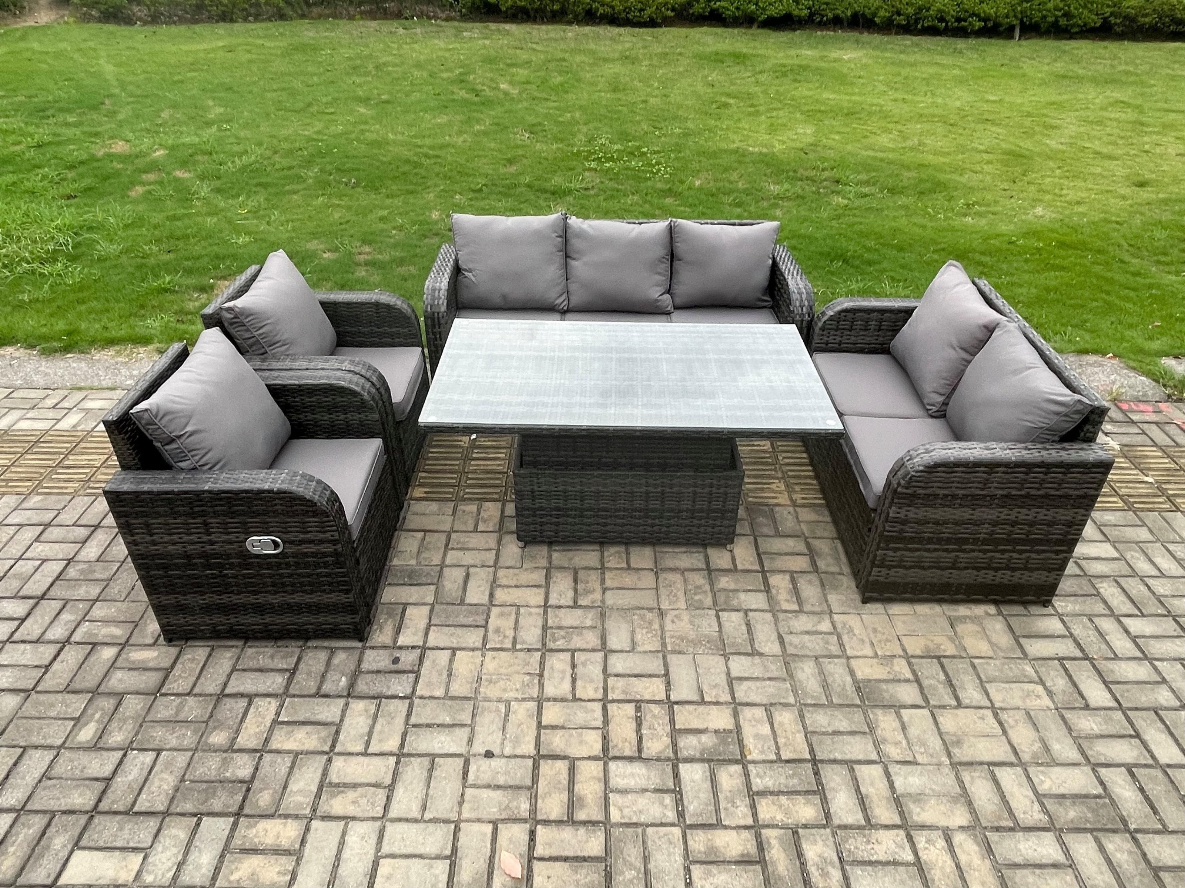 Rattan Outdoor Garden Furniture Sets Height Adjustable Rising lifting Dining Table Reclining Chair Sofa Set Dark Grey Mixed