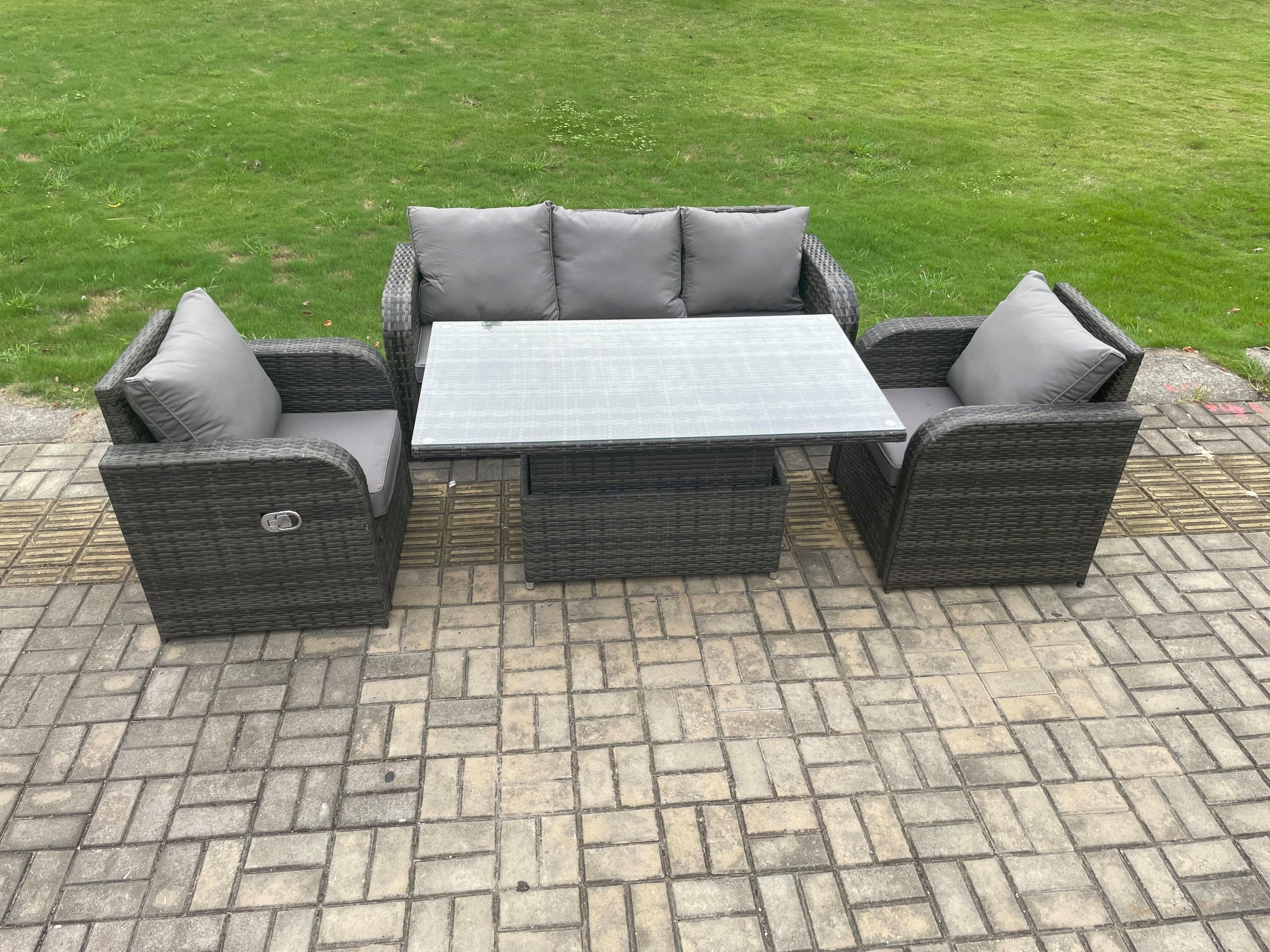 Rattan Outdoor Garden Furniture Sets Height Adjustable Rising lifting Dining Table Lounge Sofa Set Reclining Chair Dark Grey Mixed