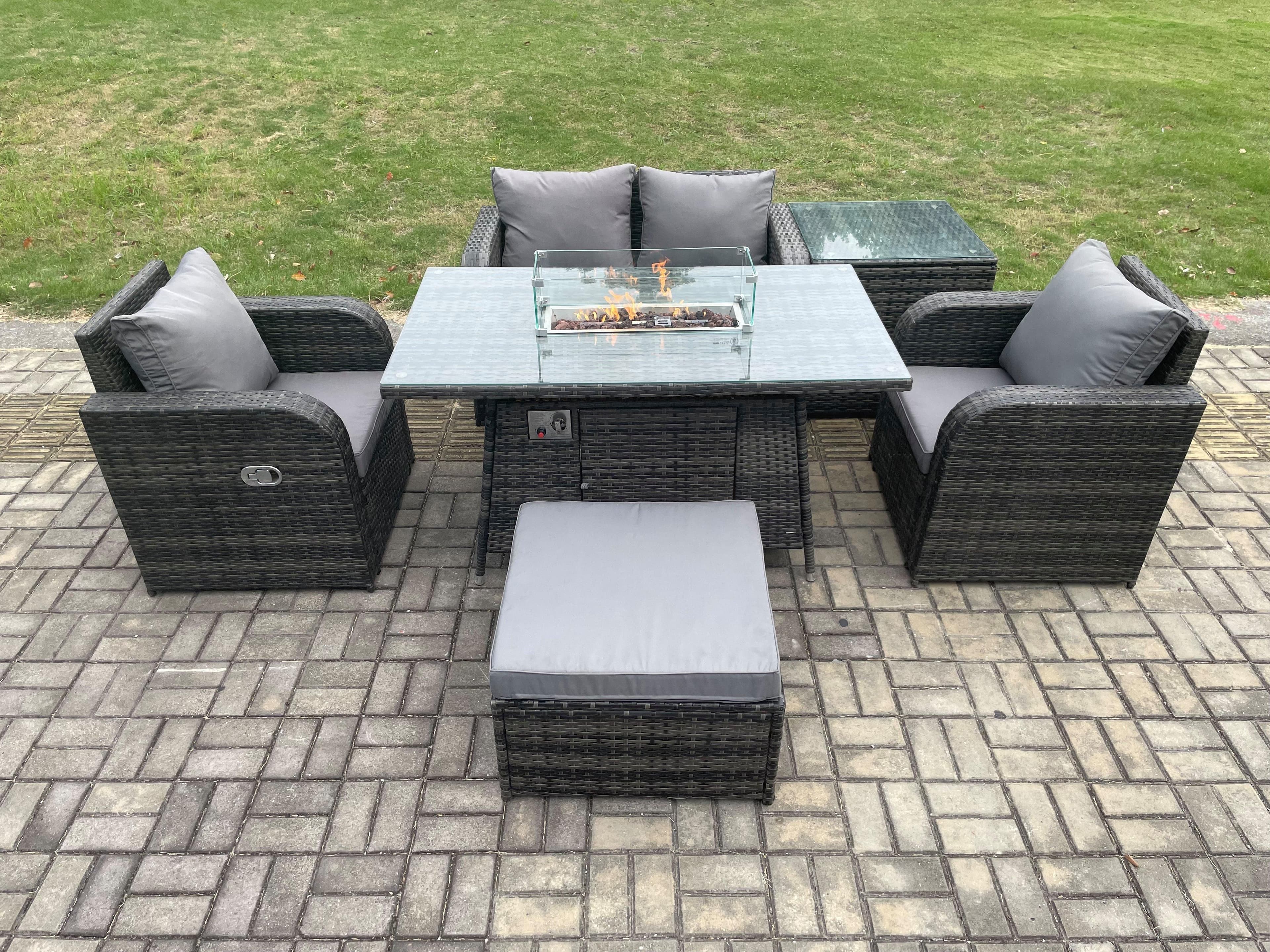 Rattan Outdoor Garden Furniture Set Gas Fire Pit Dining Table Side Table Chair Love seat Sofa Footstool