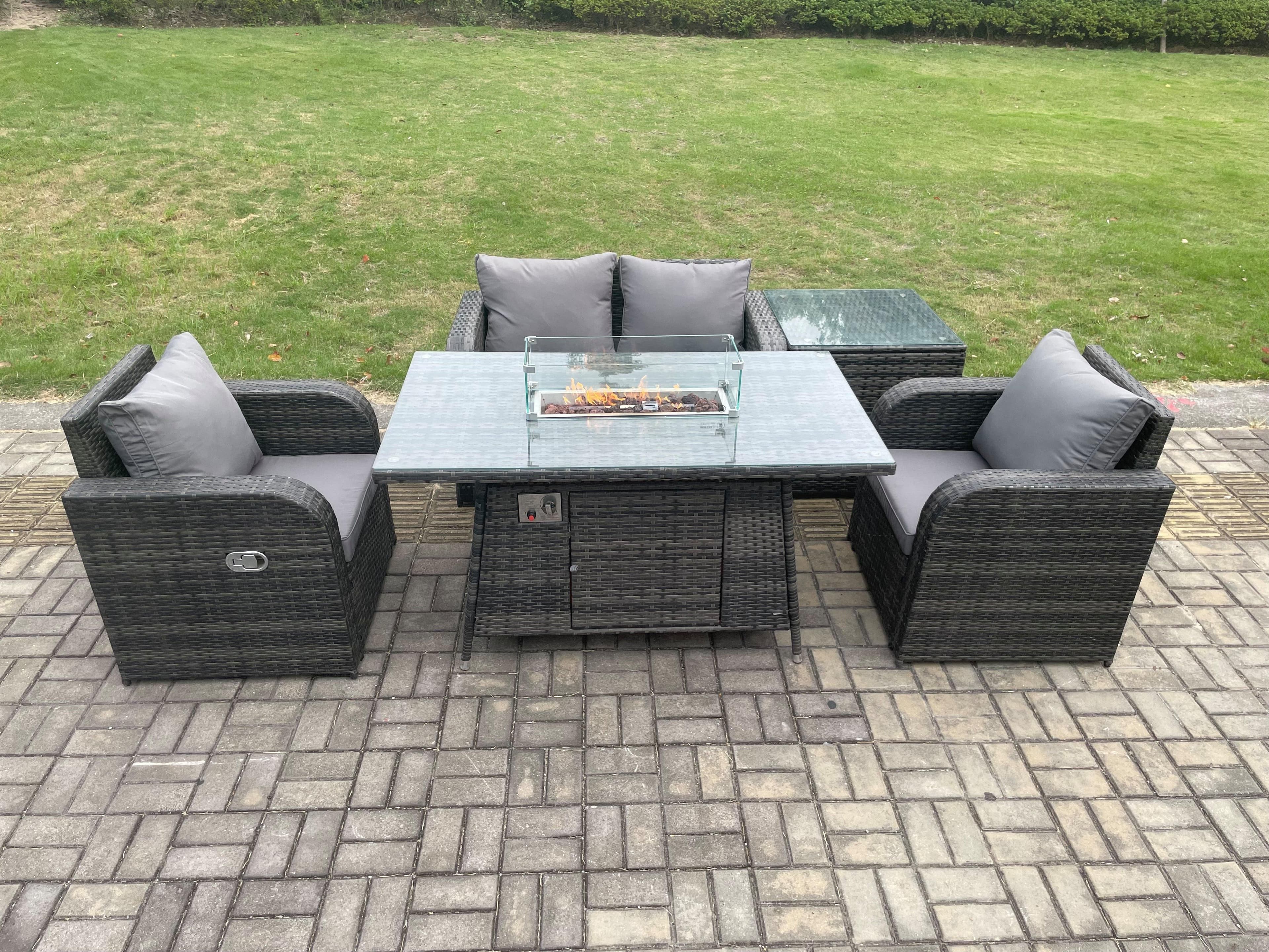 Rattan Outdoor Garden Furniture Set Gas Fire Pit Dining Table Side Table Chair Love seat Sofa