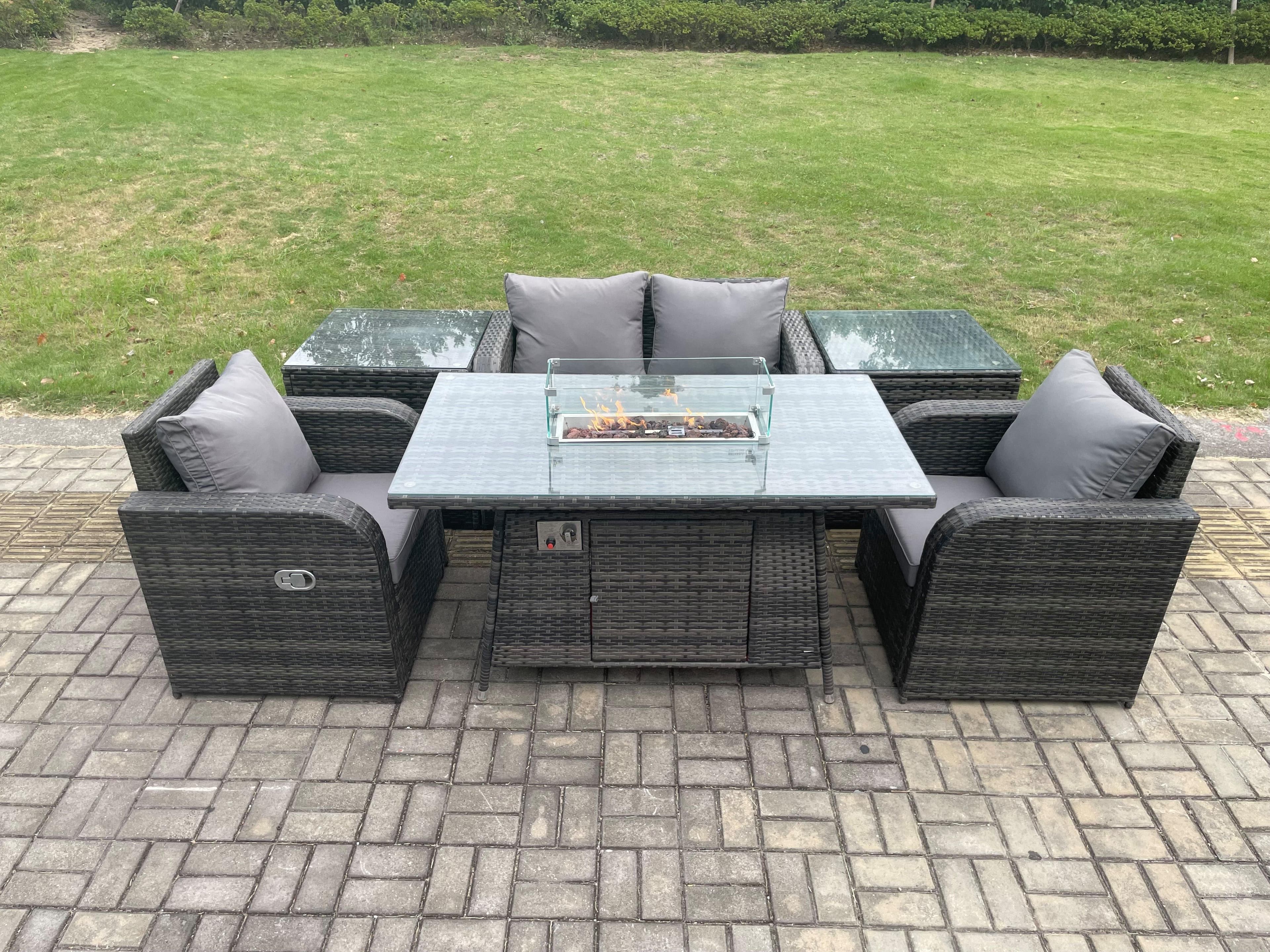 Rattan Outdoor Garden Furniture Set Gas Fire Pit Dining Table 2 Side Tables Chair Love seat Sofa