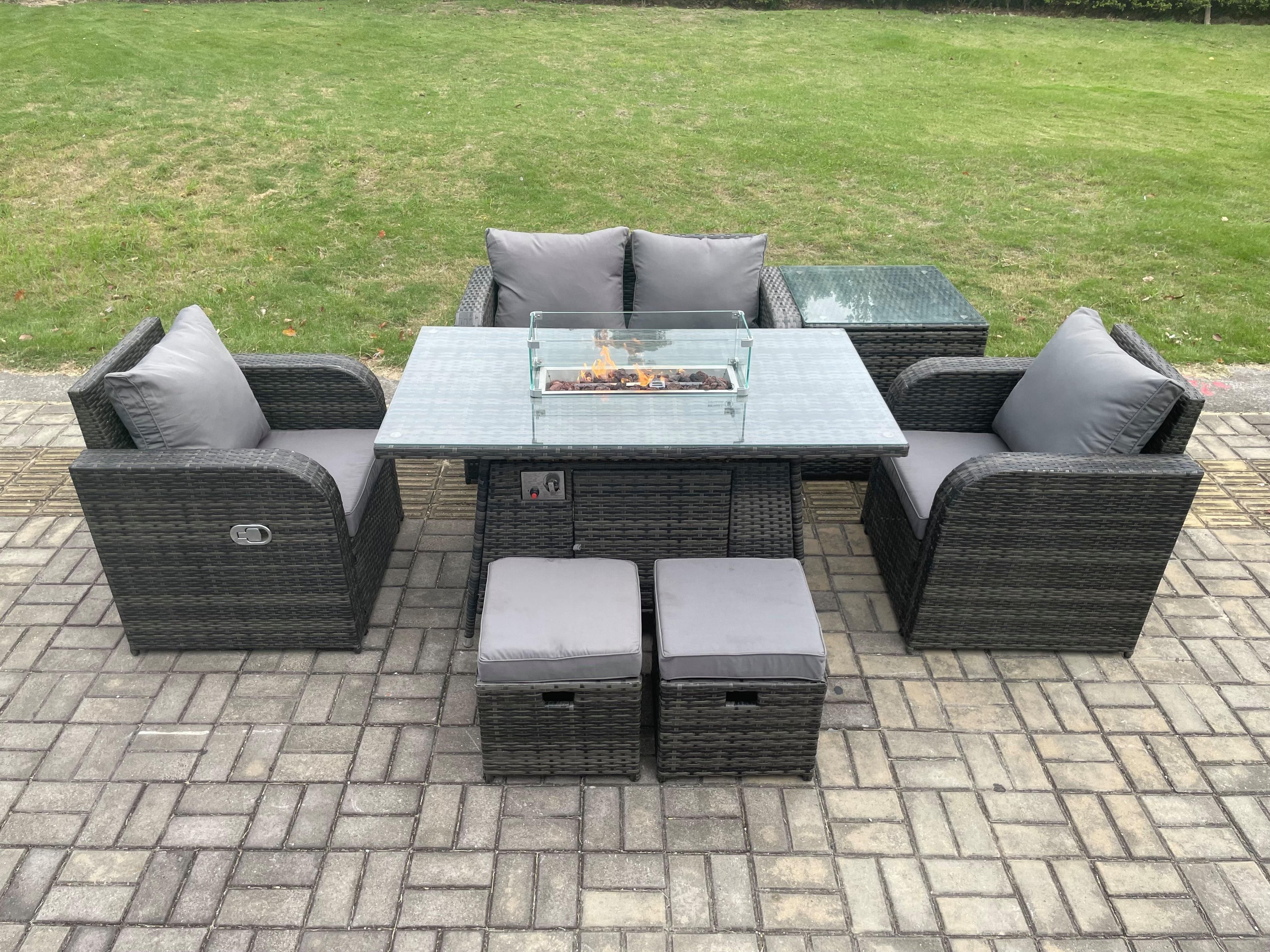 Rattan Garden Furniture Set Outdoor Patio Gas Fire Pit Dining Table Chairs Side Table Love seat Sofa 2 Small Footstools