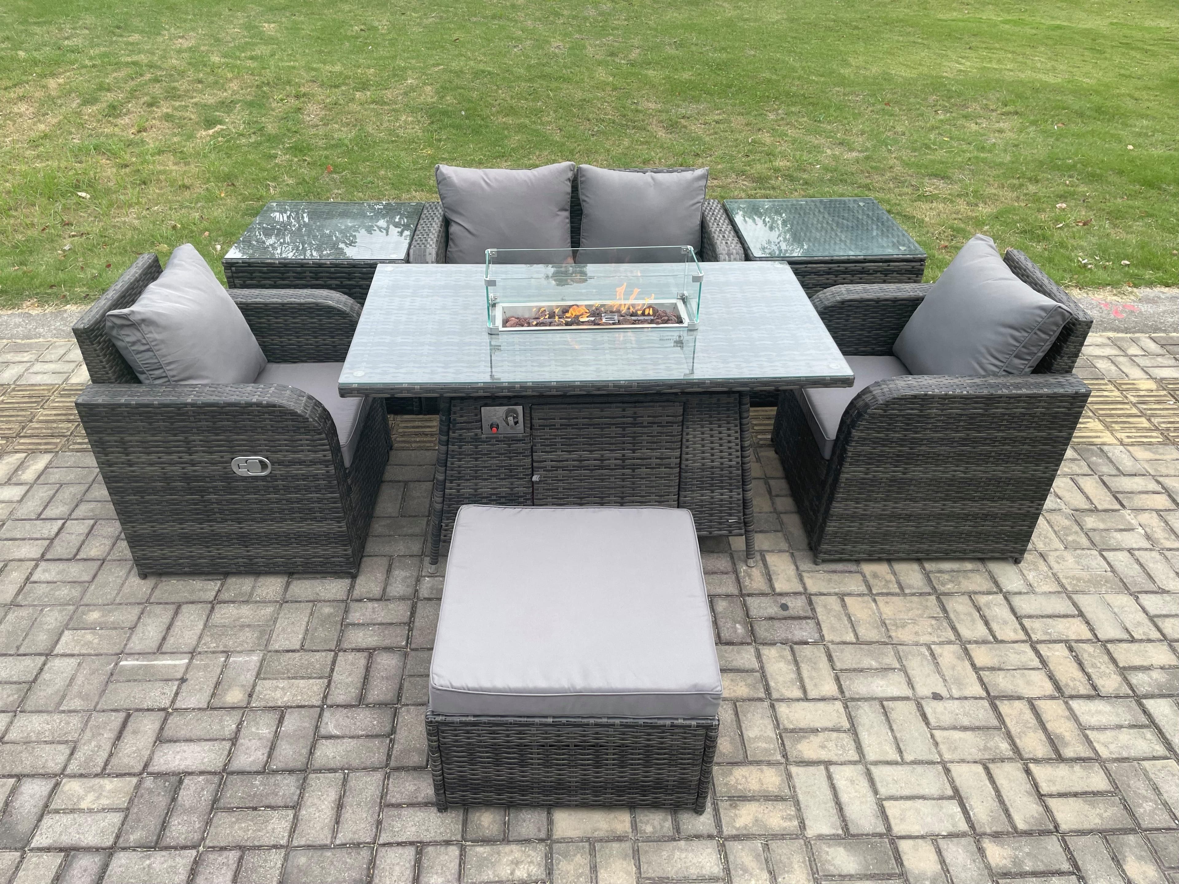 Rattan Garden Furniture Set Outdoor Patio Gas Fire Pit Dining Table Chairs 2 Side Tables