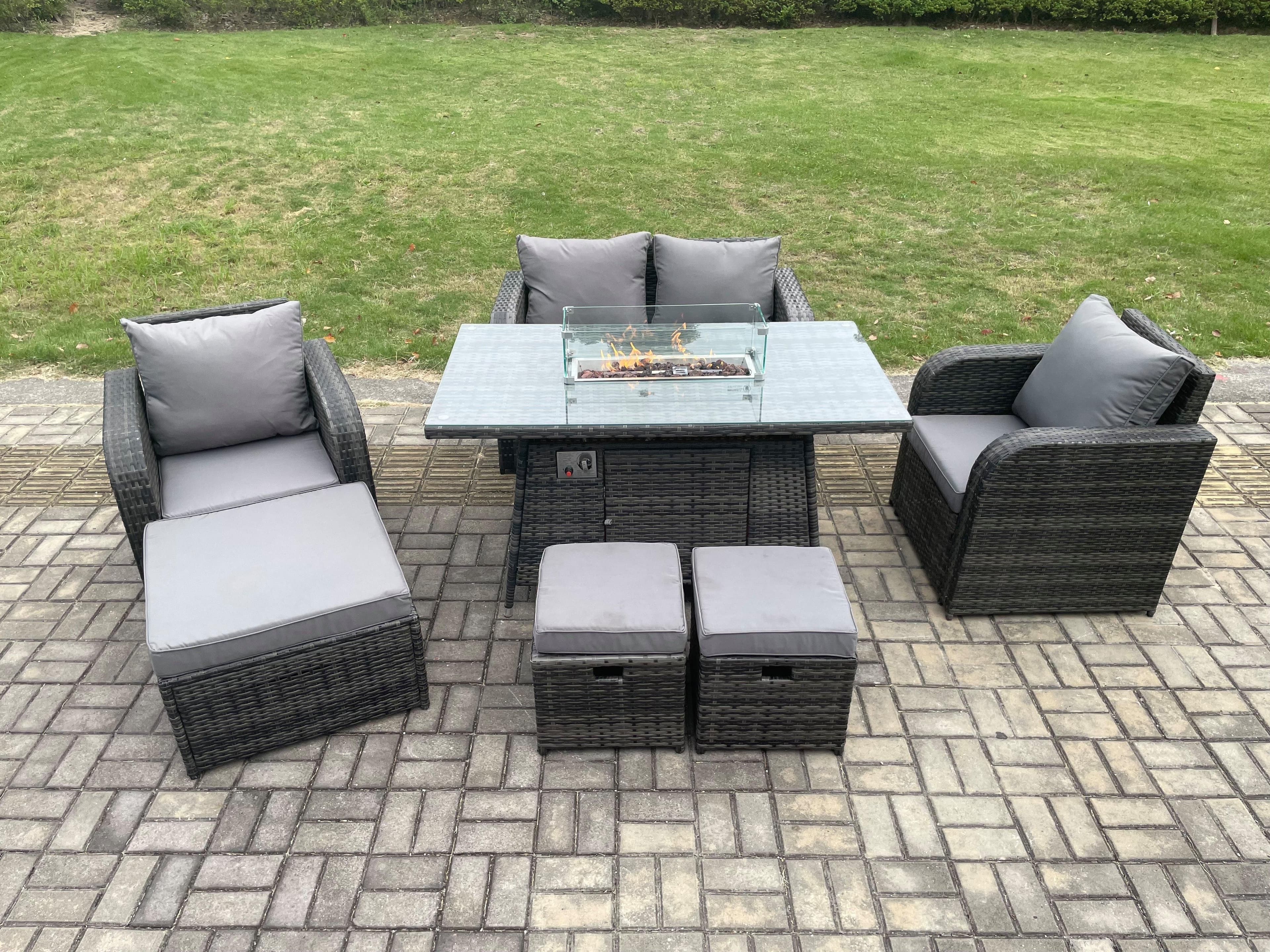 Rattan Garden Furniture Set Outdoor Patio Gas Fire Pit Dining Table Chairs Loveseat Sofa