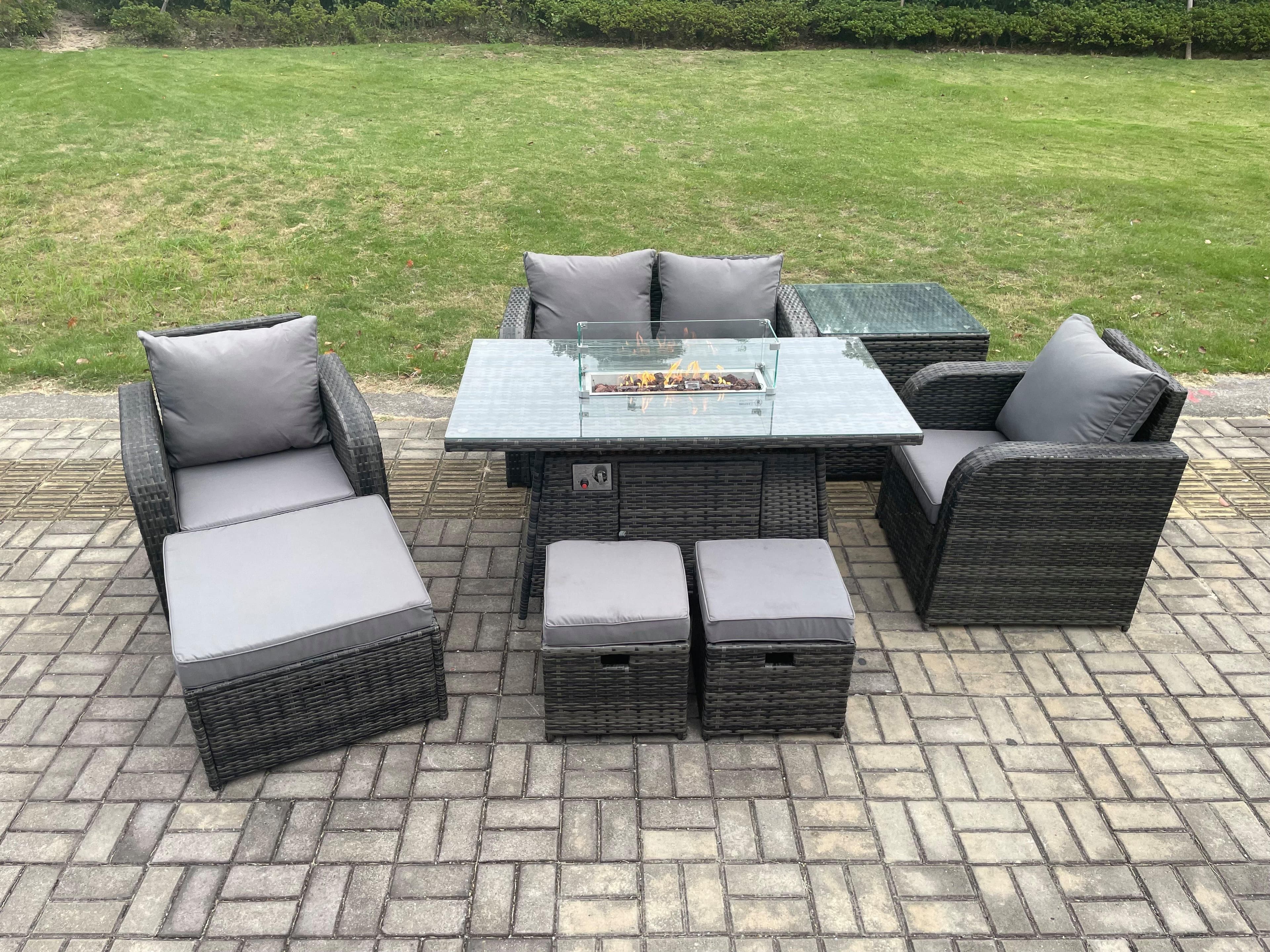 Rattan Garden Furniture Set Outdoor Patio Gas Fire Pit Dining Table Chairs 3 Footstools