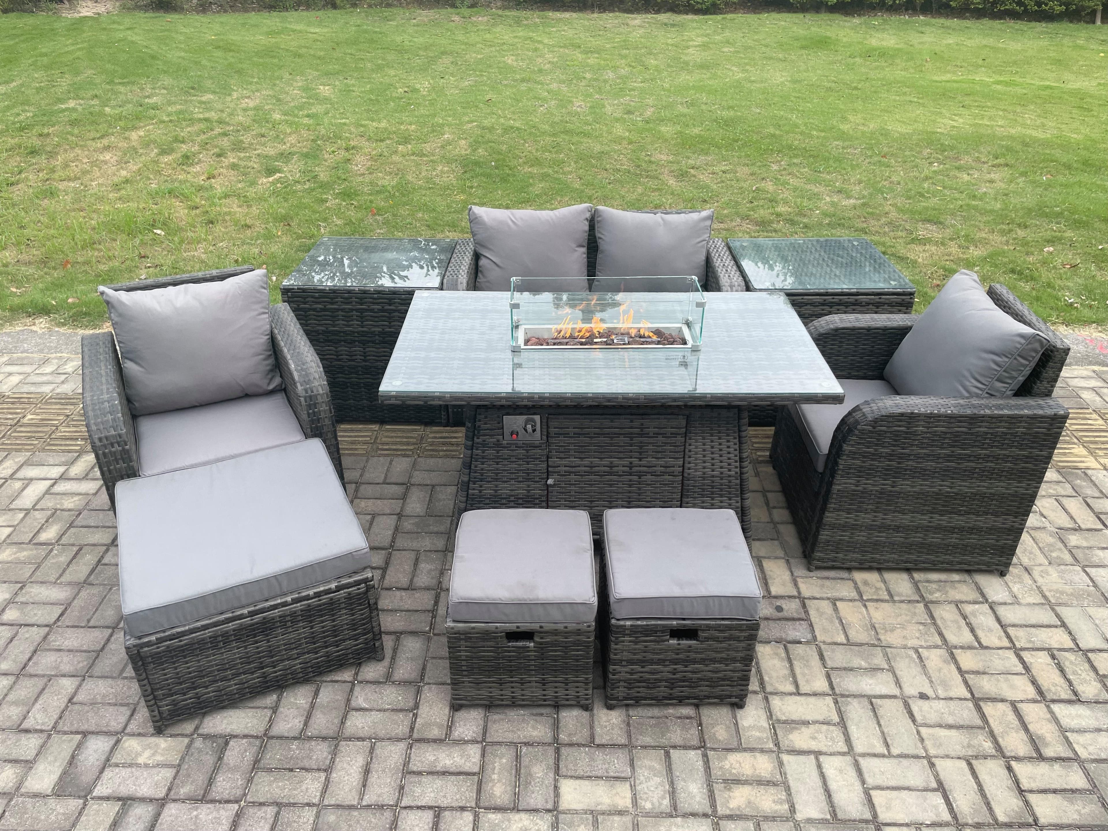 Rattan Garden Furniture Set Outdoor Patio Gas Fire Pit Dining Table Chairs 2 Side Table