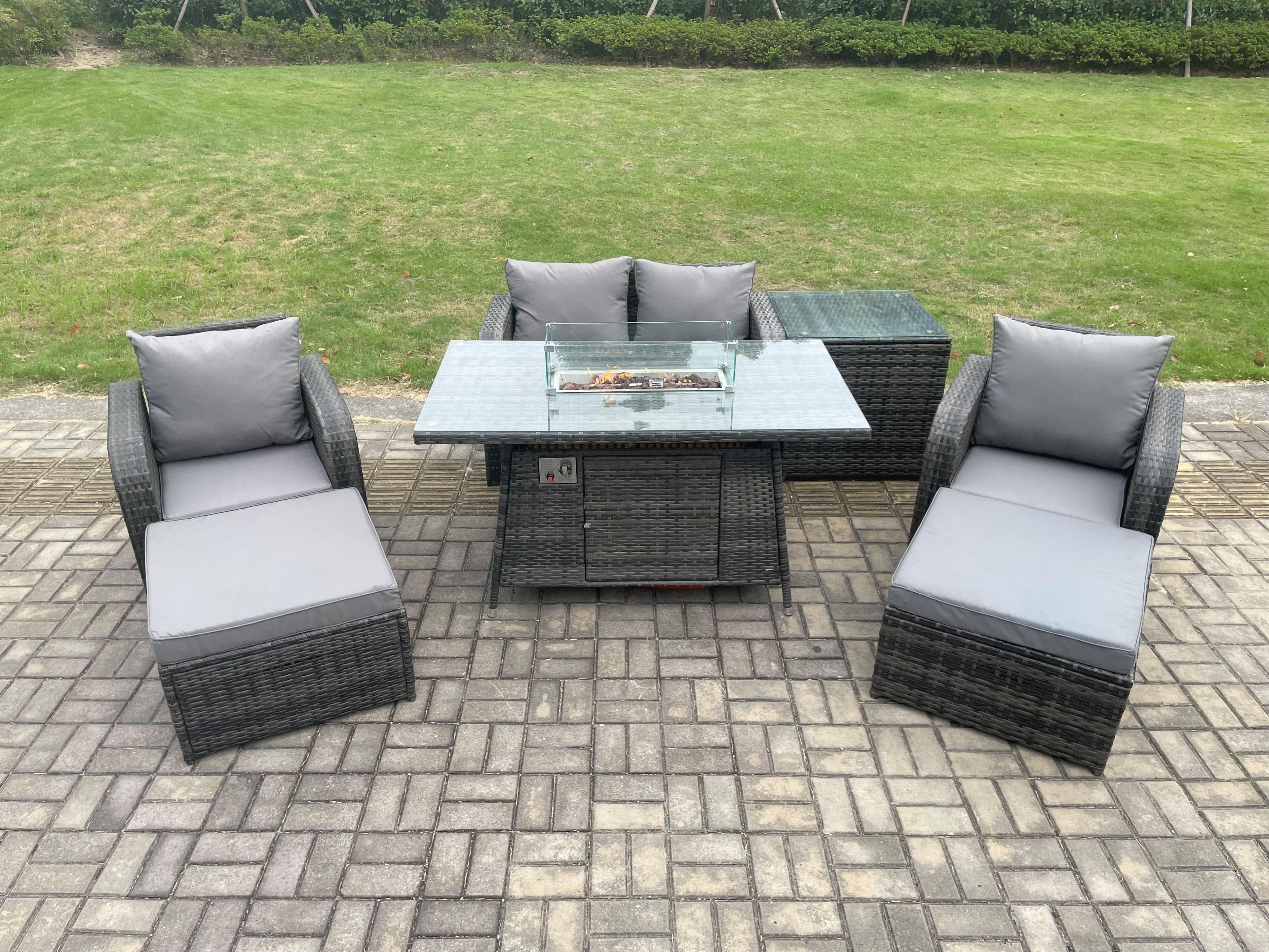 Rattan Garden Furniture Set Outdoor Patio Gas Fire Pit Dining Table Chairs Love seat Sofa