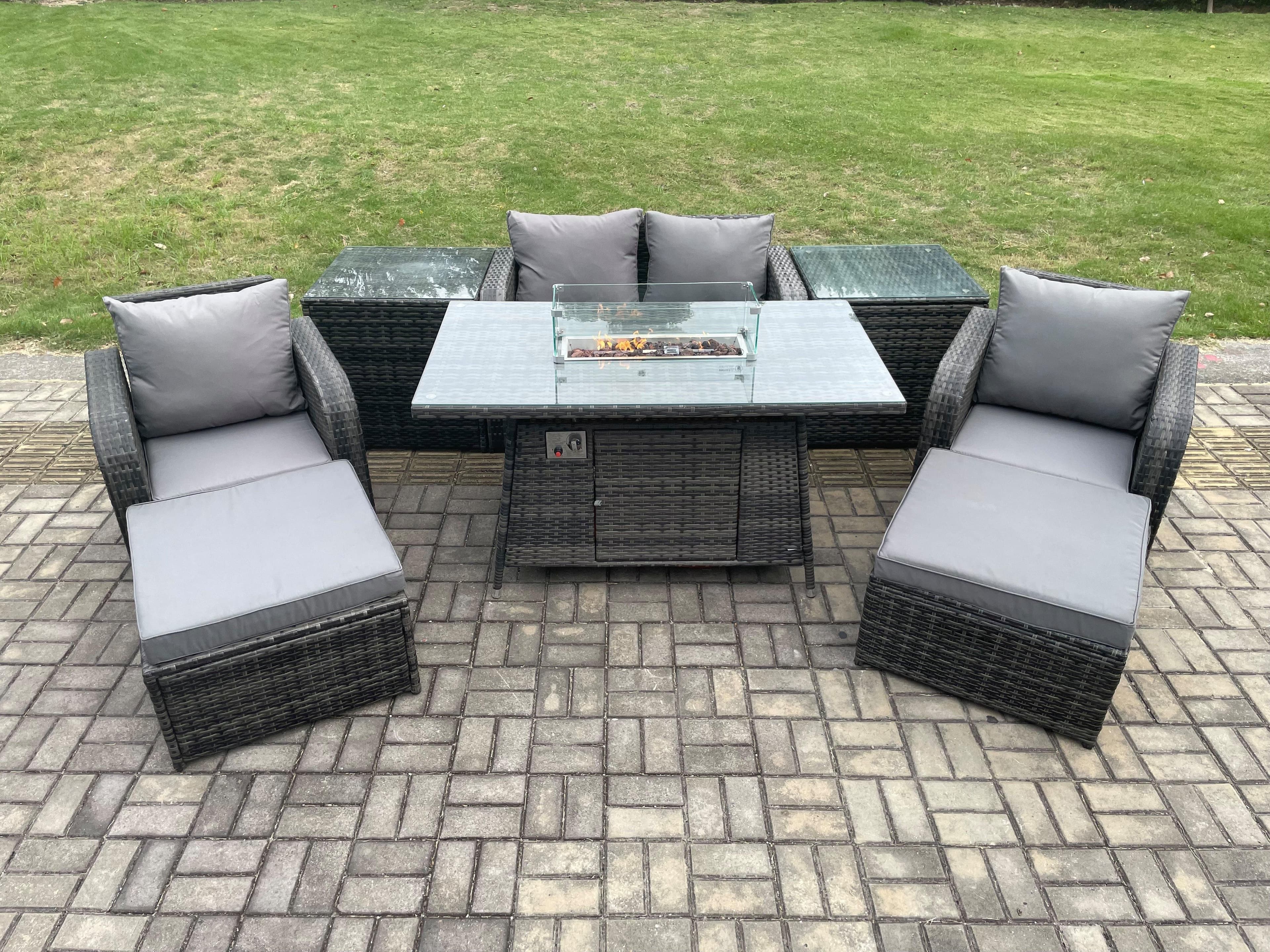 Patio Outdoor Rattan Garden Furniture Set Propane Gas Fire Pit Table Burner Love seat Sofa 2 Big Footstool