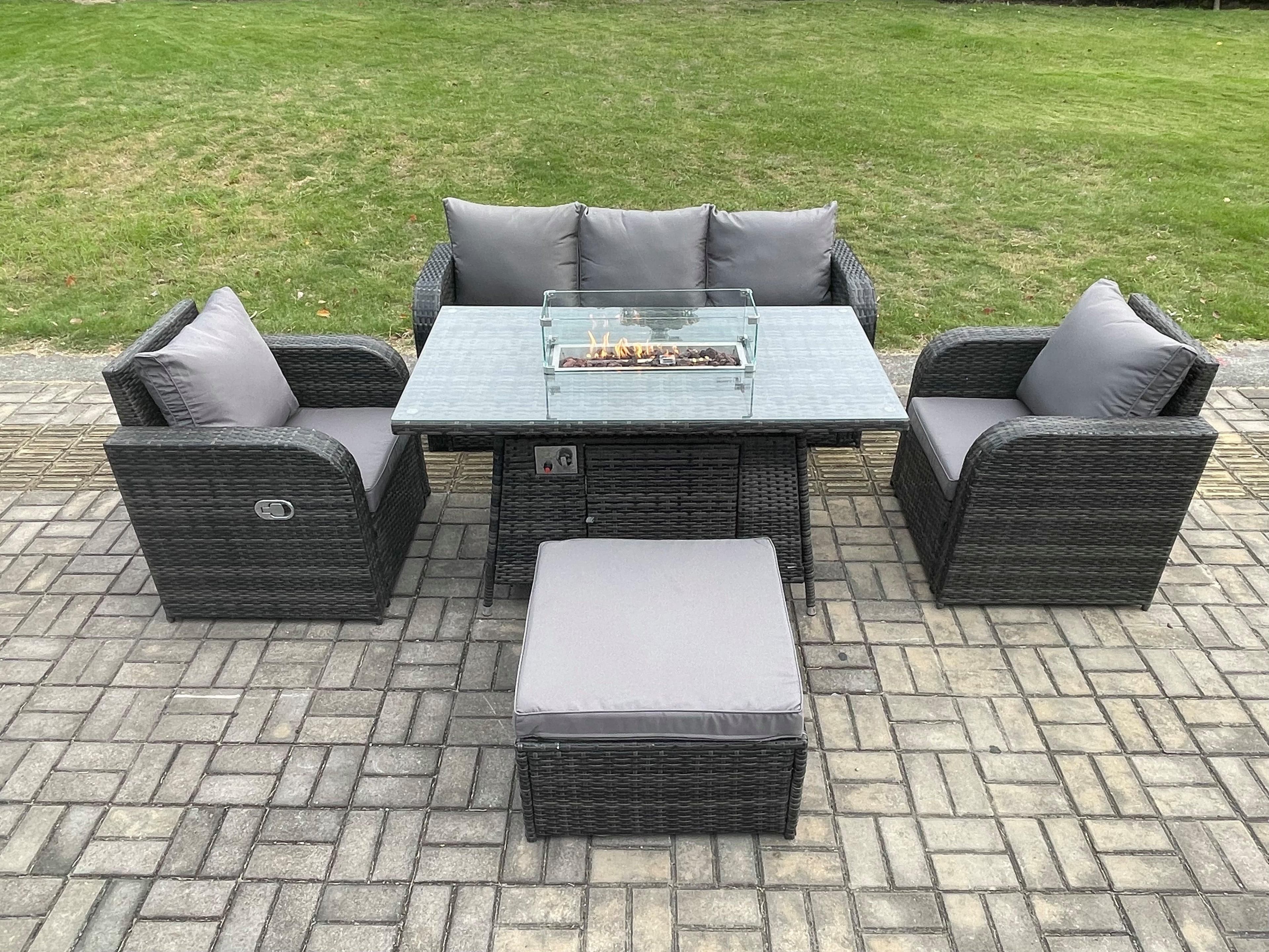 Patio Outdoor Rattan Garden Furniture Set Propane Gas Fire Pit Table Burner Lounge Sofa Footstool