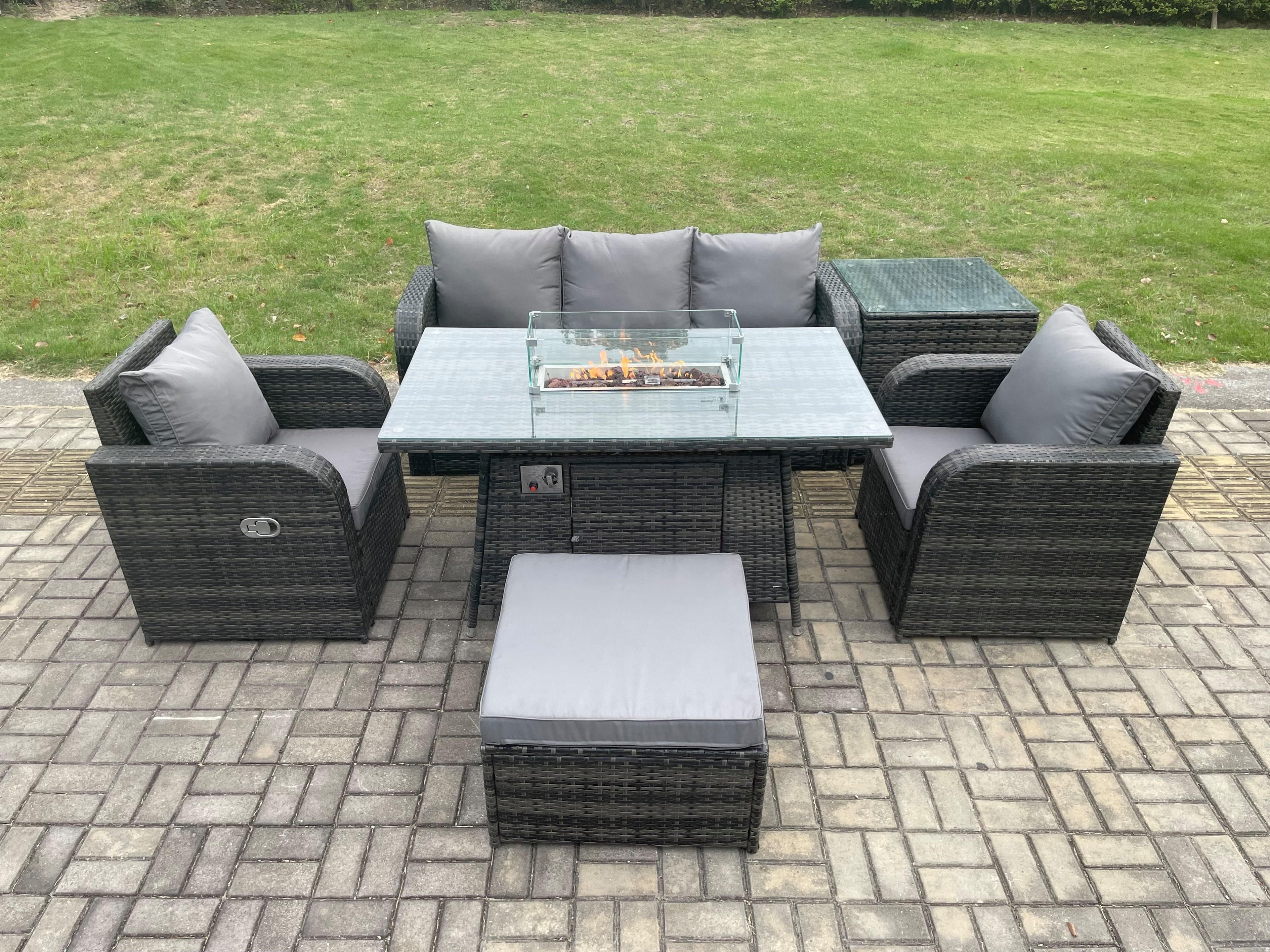 Patio Outdoor Rattan Garden Furniture Set Propane Gas Fire Pit Table Burner Lounge Sofa Side Table Footstool