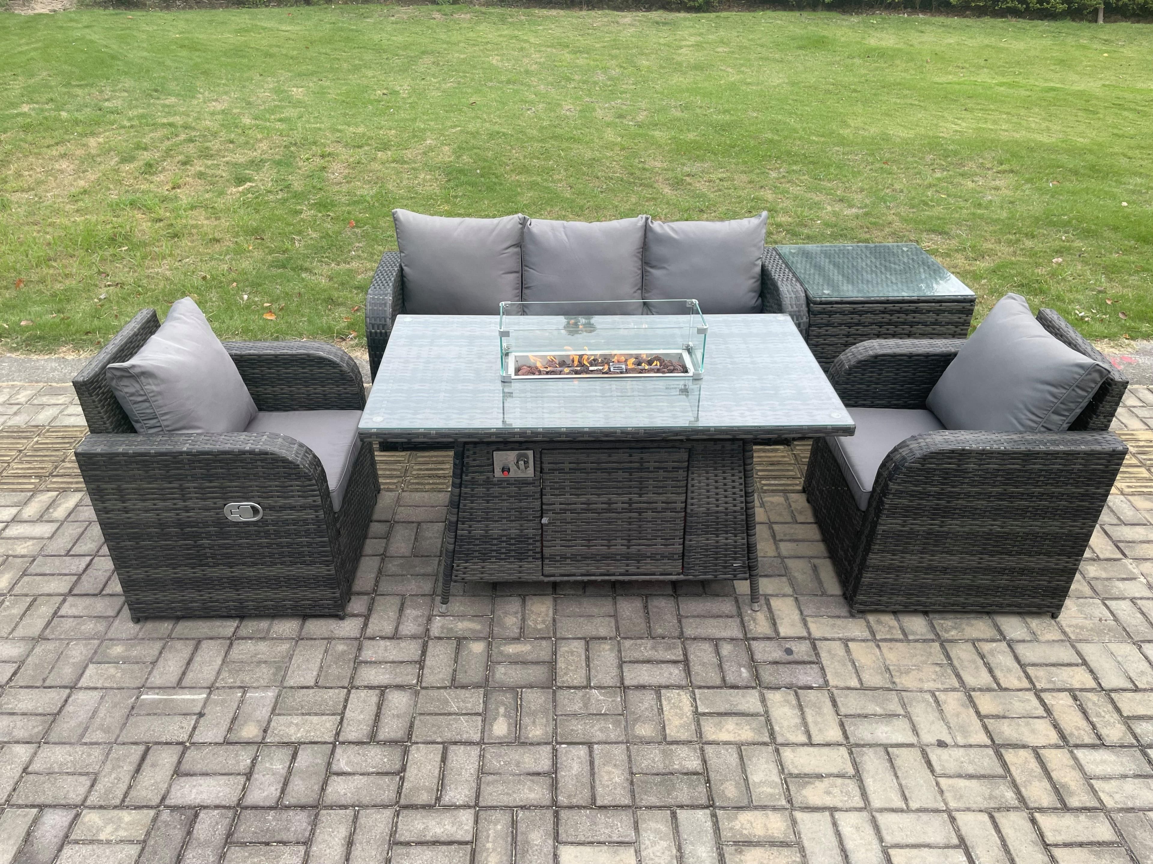 Outdoor Rattan Garden Furniture Set Propane Gas Fire Pit Table Burner Lounge Sofa Side Table