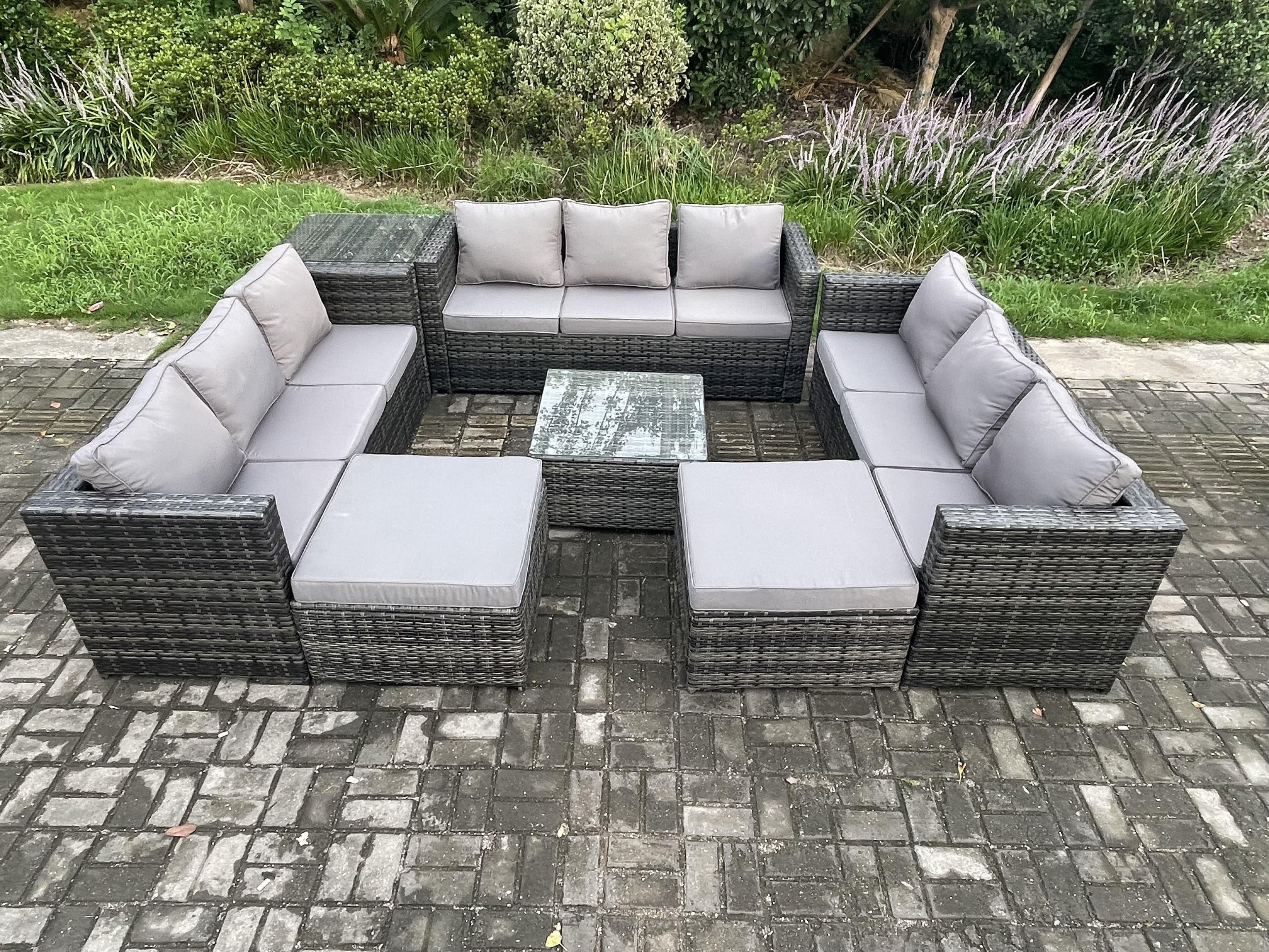 Outdoor Rattan Garden Furniture Set 11 Seater Patio Lounge Sofa Set Side Table Square Coffee Table 2 Big Footstool